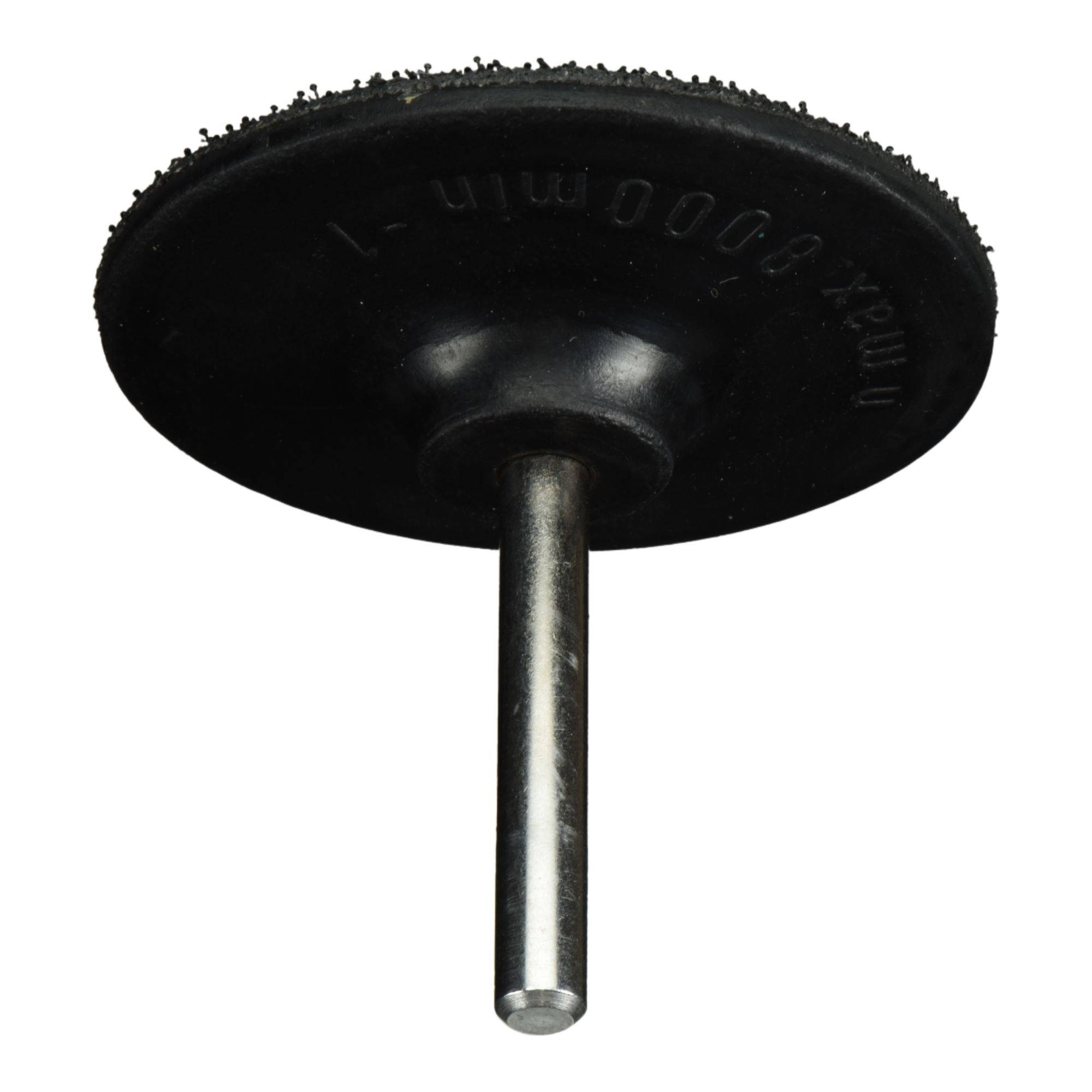 Czarny dysk ścierny z centralnym metalowym uchwytem, stosowany do szlifowania lub polerowania powierzchni.