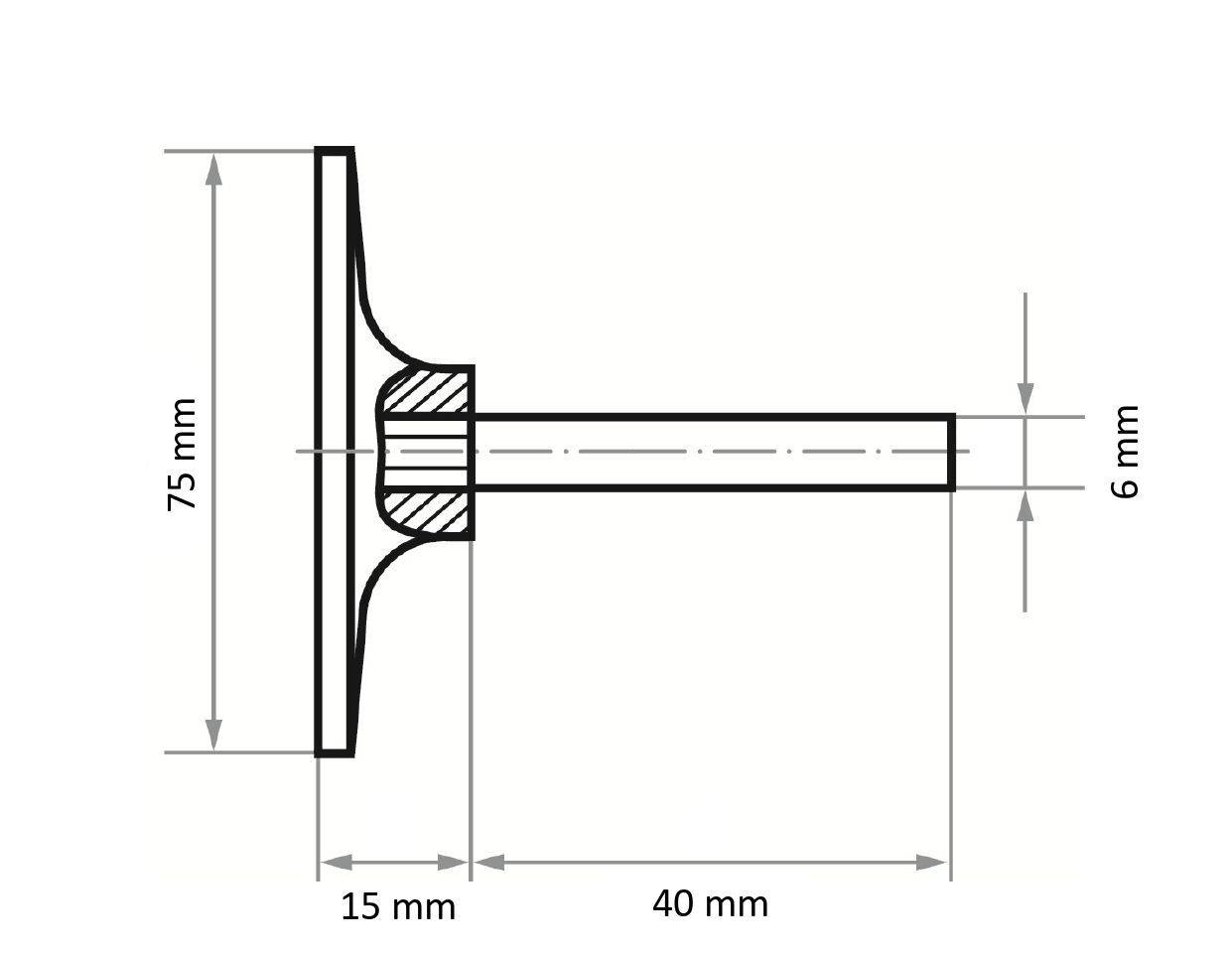 Rysunek techniczny sworznia o wymiarach: <br>- wysokość: 75 mm<br>- średnica trzpienia: 6 mm<br>- długość trzpienia: 40 mm<br>- szerokość podstawy: 15 mm