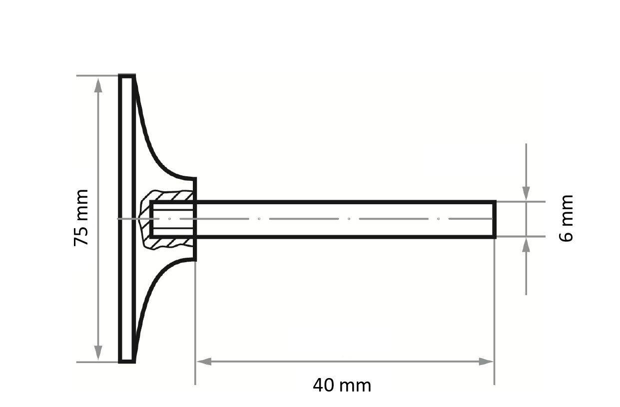 Rysunek techniczny obiektu w kształcie litery T. Górna poprzeczka ma 75 mm szerokości, pionowy trzon jest długi na 40 mm i ma średnicę 6 mm, a obiekt jest przecięty przekrojem.