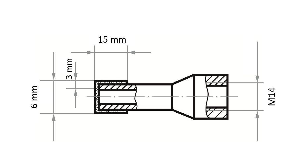 Rysunek techniczny elementu cylindrycznego o wymiarach: <br>- długość: 15 mm<br>- średnica jednego końca: 6 mm<br>- gwint M14 na drugim końcu o długości 14 mm