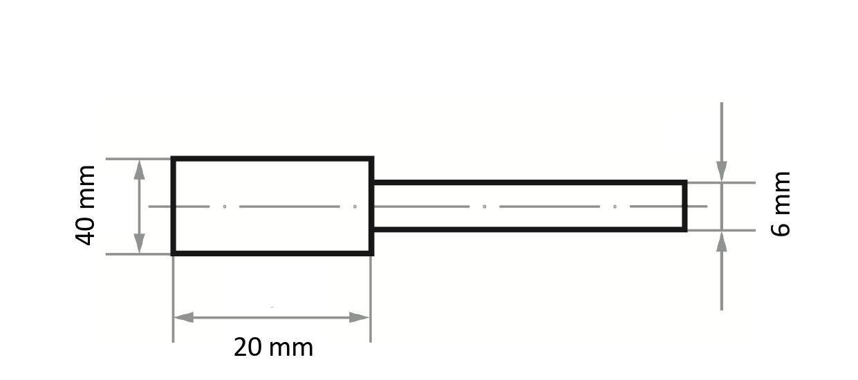 Rysunek techniczny prostokątnego obiektu ze 40 mm x 20 mm prostokątem po lewej stronie oraz 6 mm szerokością przedłużenia po prawej stronie.