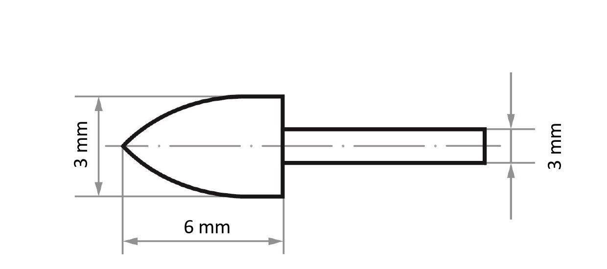 Rysunek techniczny narzędzia o kształcie stożkowym z cylindryczną rękojeścią, oznaczony wymiarami: 3 mm szerokości, 6 mm długości i 3 mm średnicy rękojeści.