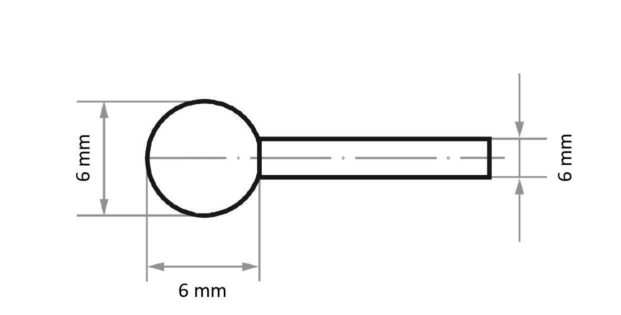 Diagram techniczny przedstawia widok z boku cylindrycznego obiektu o zakończeniu kołowym. Obiekt ma średnicę 6 mm i długość 6 mm.
