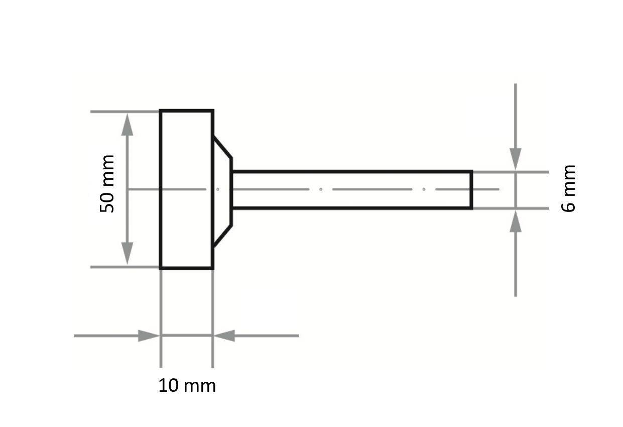Rysunek techniczny cylindrycznego obiektu o wymiarach: 50 mm wysokości, 10 mm szerokości przy podstawie oraz 6 mm szerokości pręta.