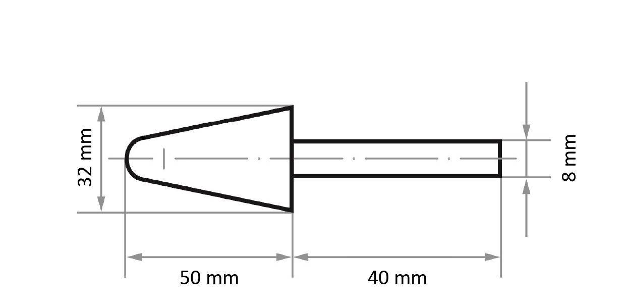Rysunek techniczny cylindrycznego narzędzia ze zwężaną końcówką. Pomiary są oznaczone: szerokość główki 32 mm, długość główki 50 mm, trzon 40 mm, średnica trzonu 8 mm.