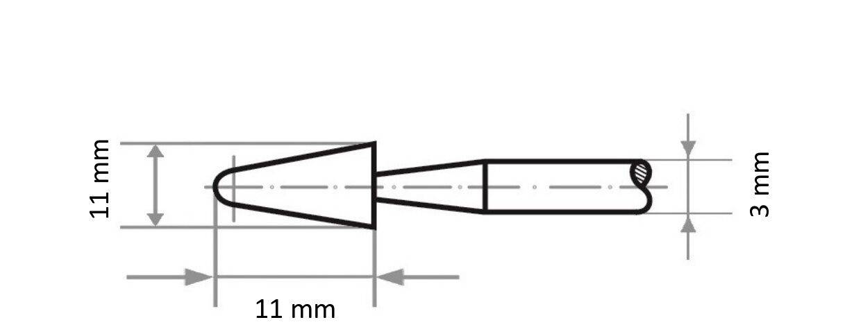 Rysunek liniowy obiektu z zaznaczonymi wymiarami: 11 mm wysokości, 11 mm szerokości u podstawy, zwężający się do 3 mm na czubku, w kształcie stożka.