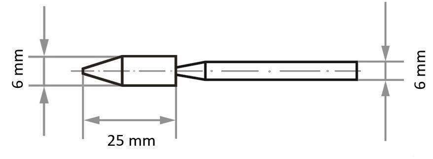 Diagram walcowego przedmiotu ze zwężanymi końcami. Obiekt ma 25 mm długości i 6 mm średnicy na obu końcach.