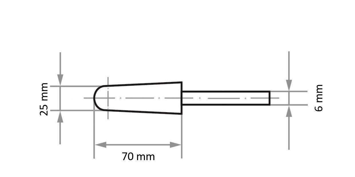 Rysunek techniczny cylindrycznego przedmiotu, długości 70 mm, z końcem o średnicy 25 mm zwężającym się do trzpienia o średnicy 6 mm.