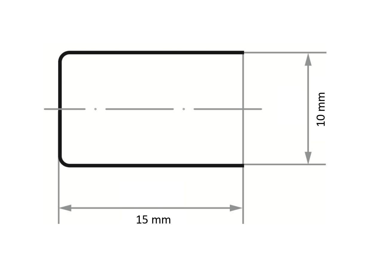 Diagram prostokąta o wymiarach: 15 mm szerokości, 10 mm wysokości, z zaokrąglonym jednym narożnikiem. Linie wskazują osie pomiarowe.