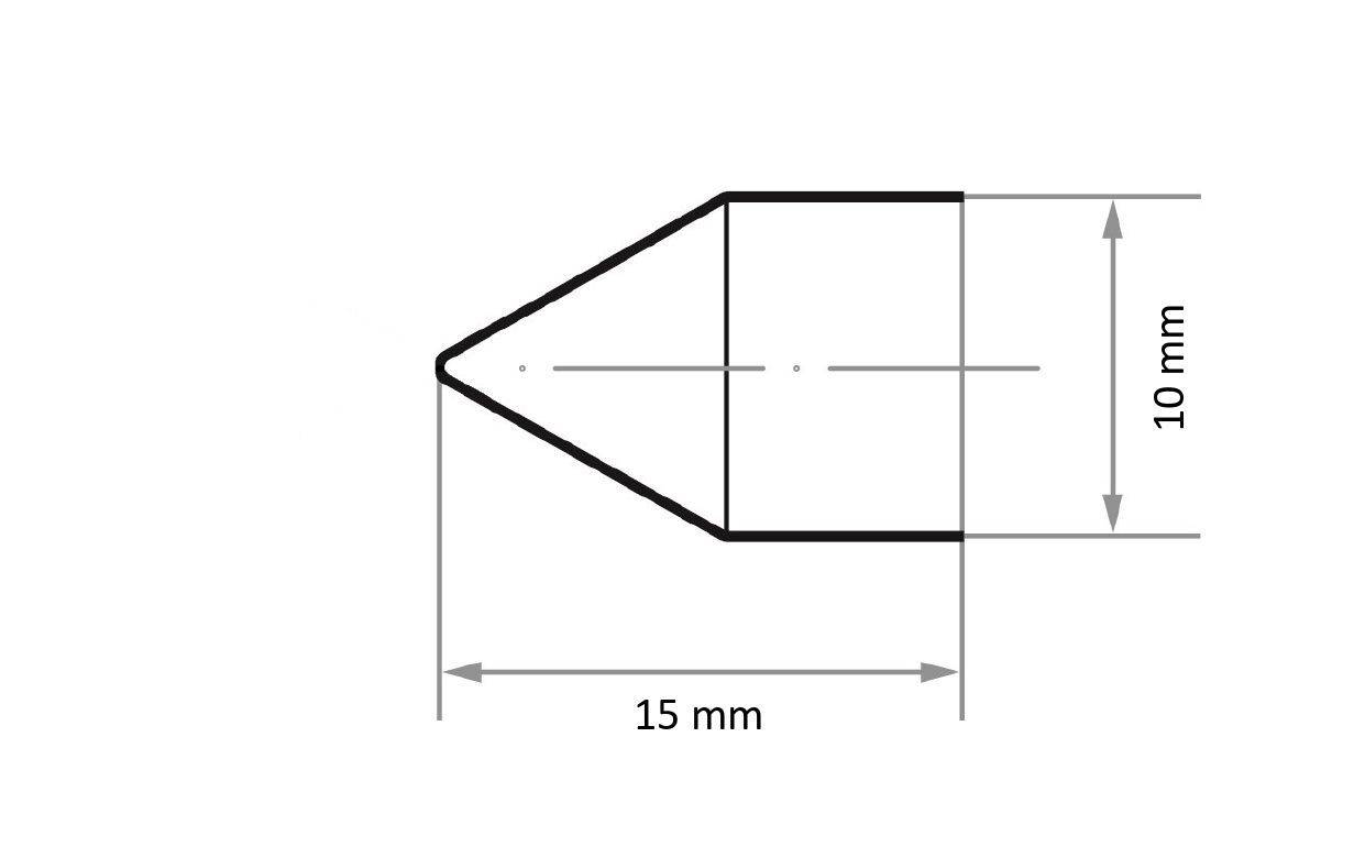 Rysunek techniczny stożka z podstawą. Wymiary: 15 mm szerokości, 10 mm wysokości.