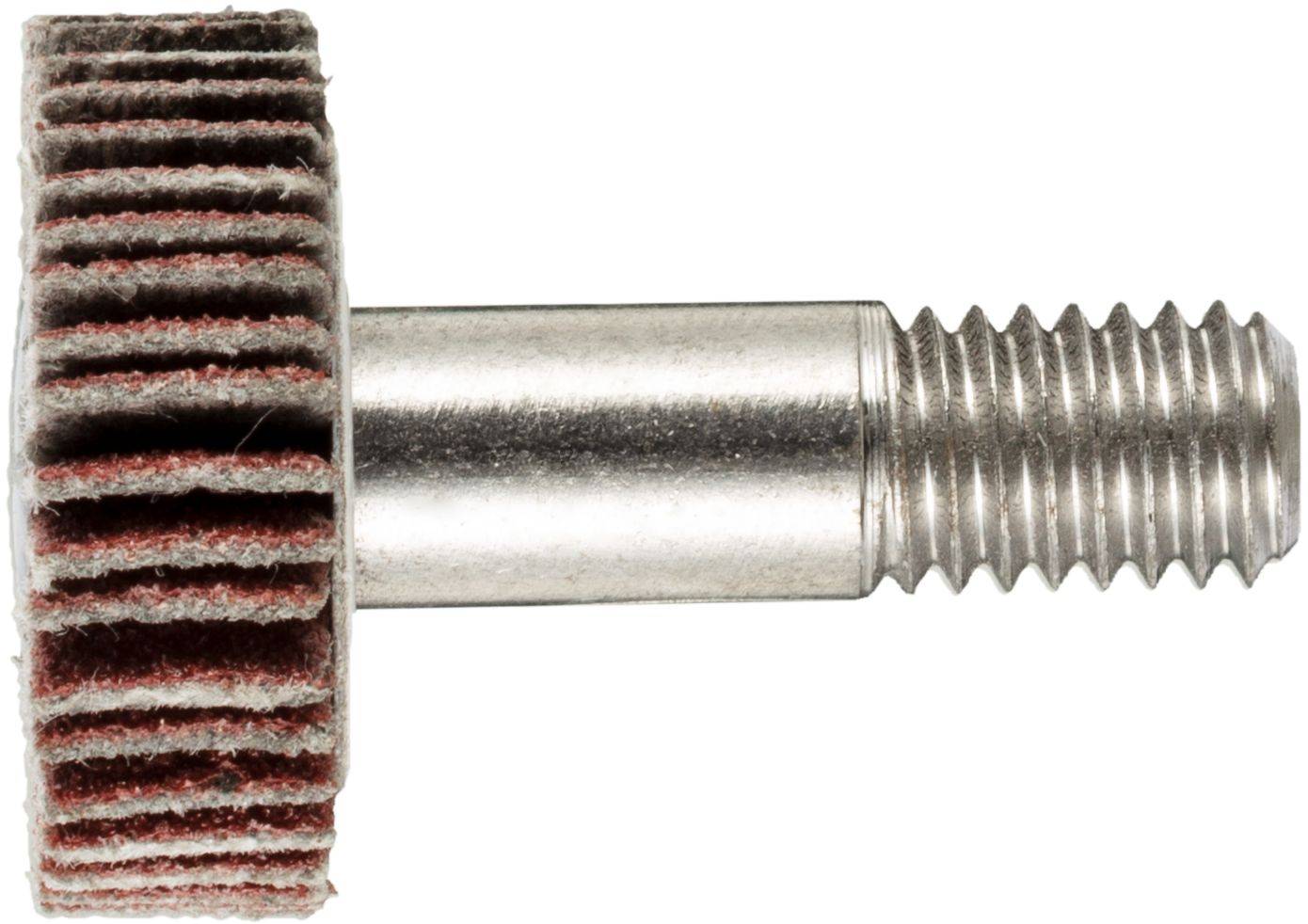 Metalowy wkręt z zamocowanym kołem ściernym, używany do polerowania lub szlifowania powierzchni. Koło wykonane jest z warstwowych materiałów ściernych.