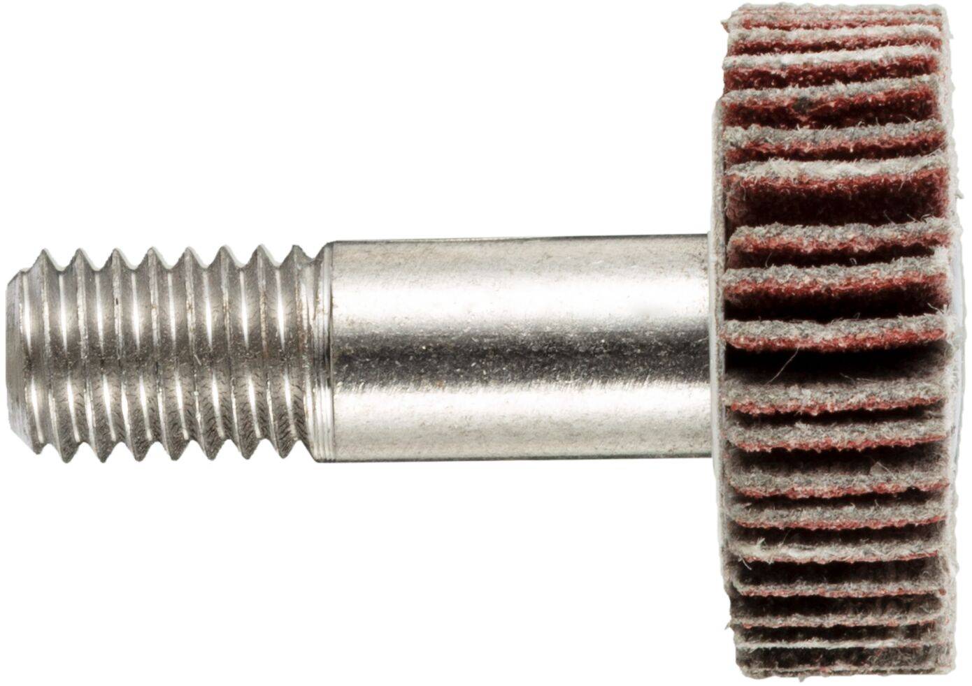 Gwintowany pręt metalowy z okrągłą tarczą ścierną wykonaną z warstwowego papieru ściernego, używany do polerowania lub szlifowania powierzchni.