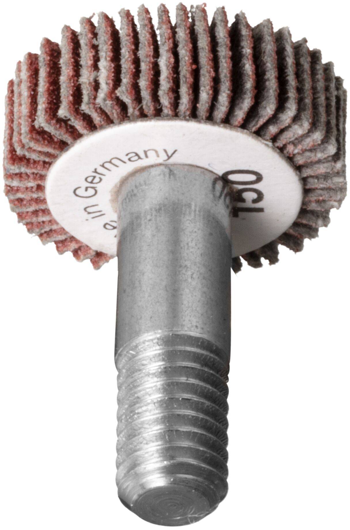 Cylindryczny element szlifierski z warstwowymi powierzchniami ściernymi zamocowany na gwintowannym metalowym trzpieniu, oznaczony etykietą 'Made in Germany 100'.