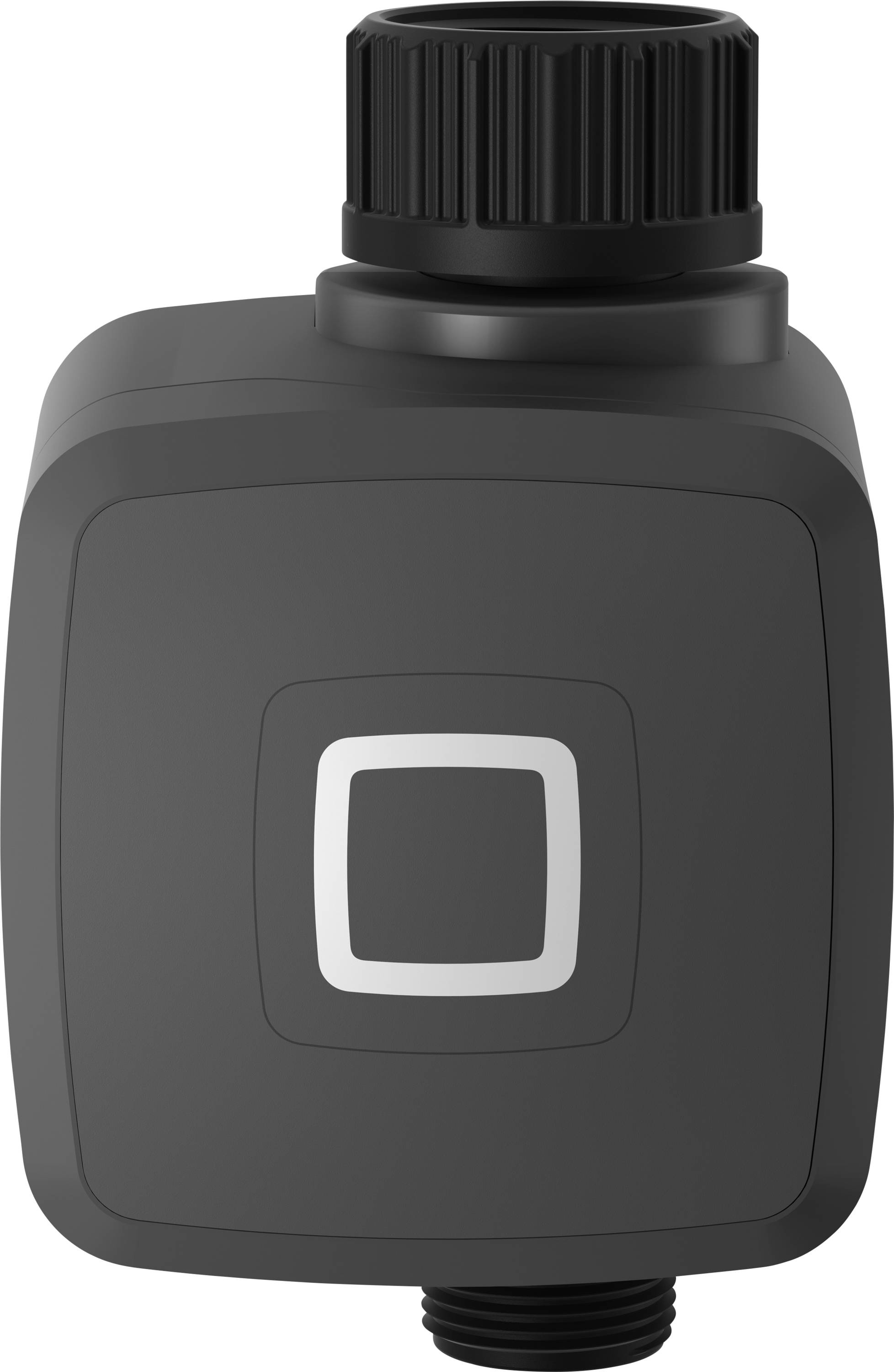 Czarny prostokątny przyrząd z nakręcaną pokrywką i centralnym kwadratowym elementem dekoracyjnym, prawdopodobnie czujnikiem lub podzespołem elektronicznym.