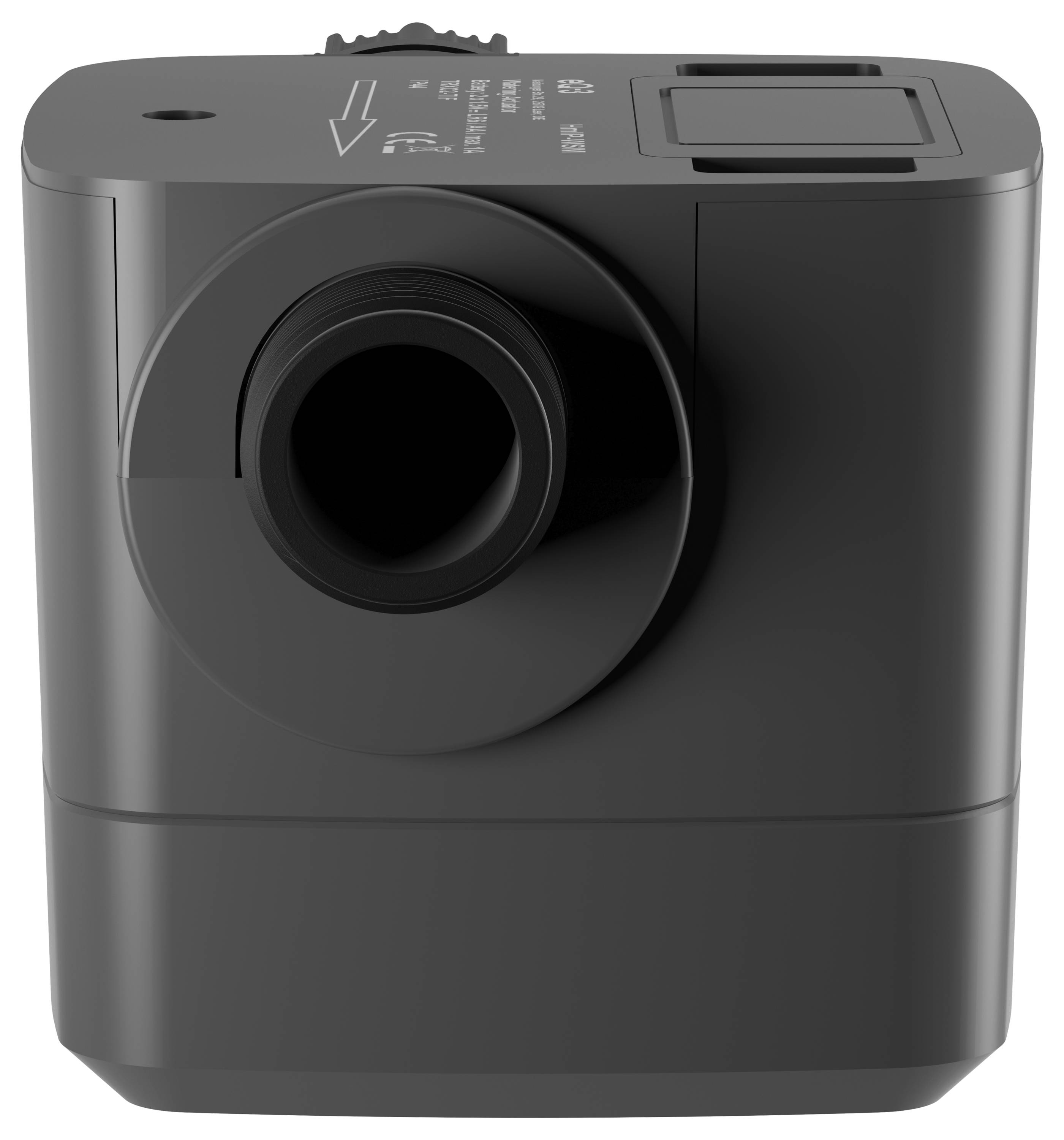 Czarny, prostokątny pompka powietrza z dyszą z przodu i dwoma przyciskami na górze, przeznaczona do pompowania różnych przedmiotów.