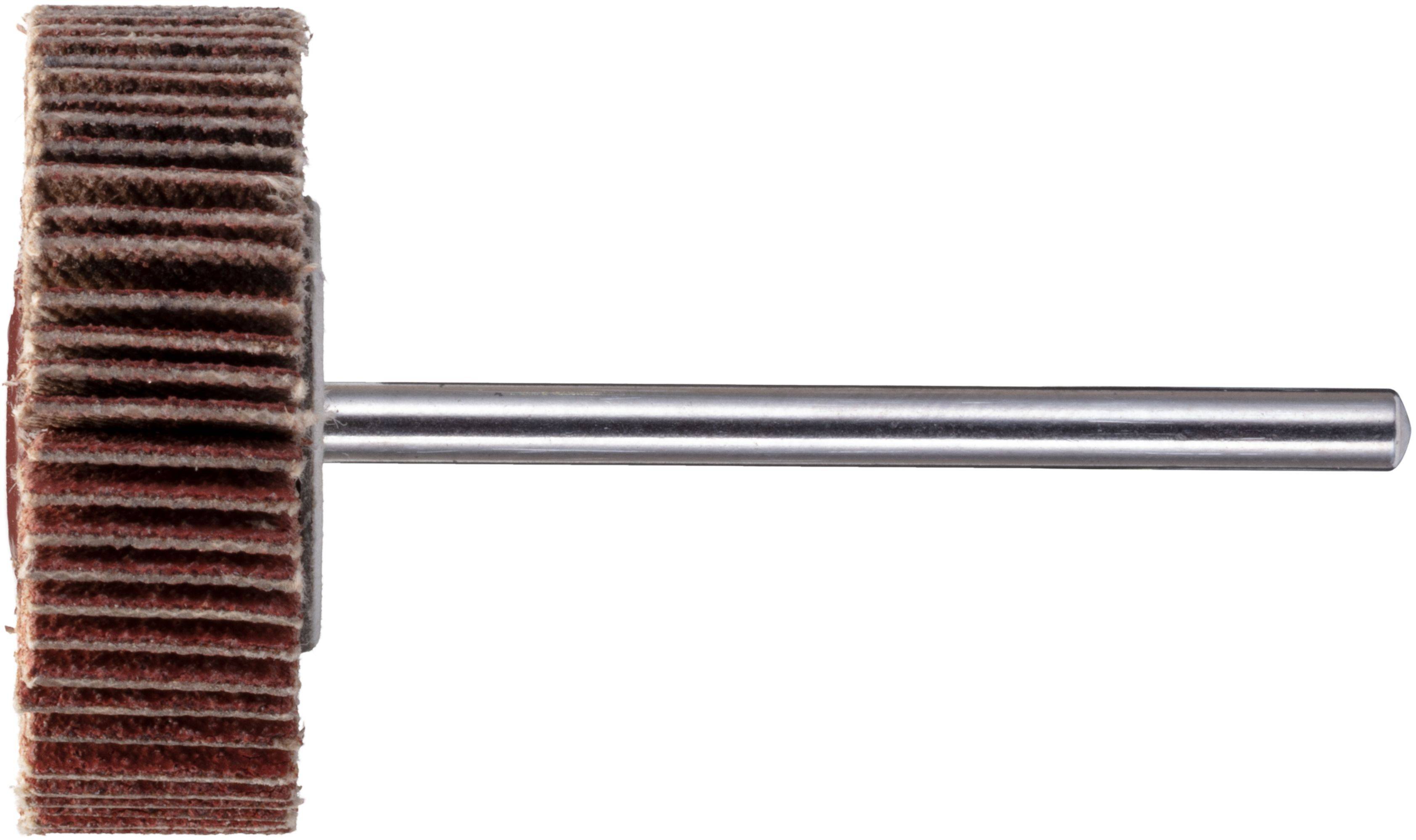 Szlifierskie koło lamelkowe z metalowym prętem wystającym z centrum, używane do polerowania i wykańczania powierzchni. Koło składa się z brązowych lamel ściernych.