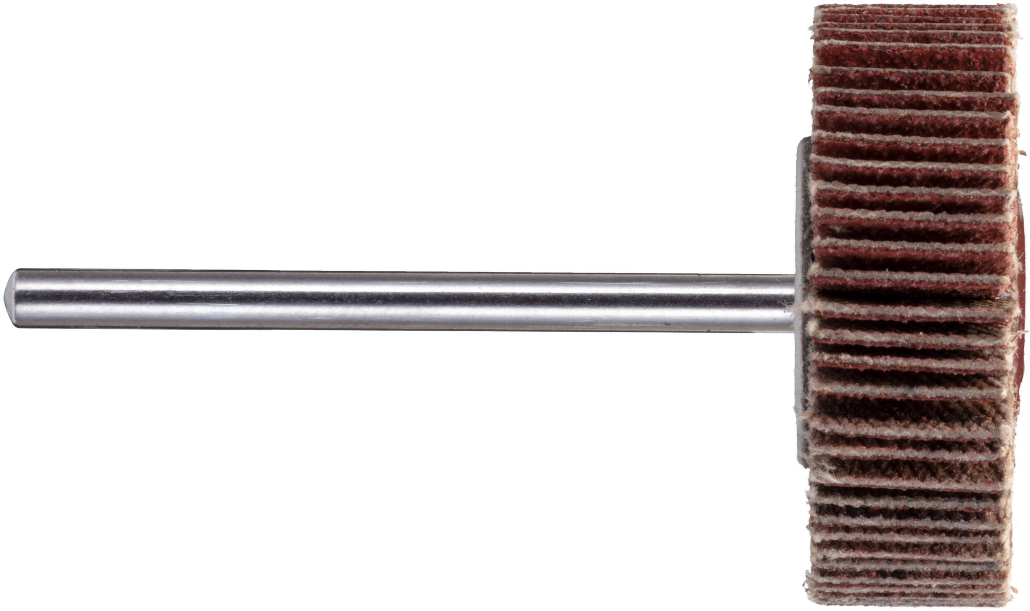 Metalowe narzędzie obrotowe z głowicą tarczową wyposażoną w elastyczne płaty ścierne, służące do polerowania lub wykańczania powierzchni, prezentowane na białym tle.