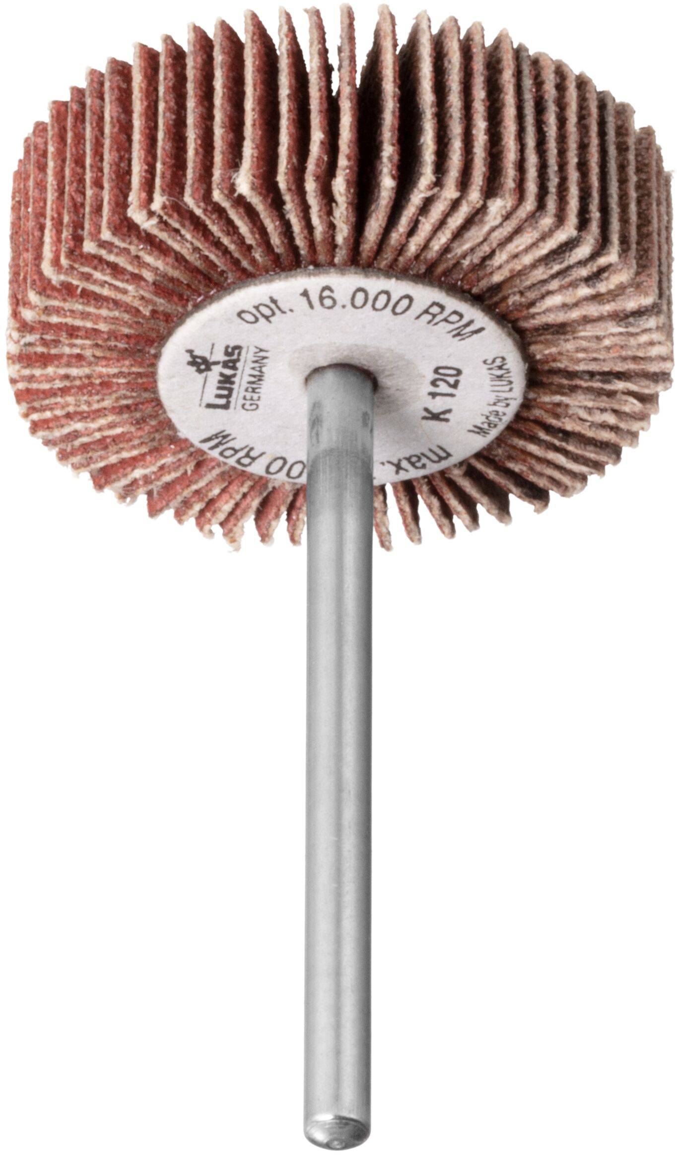 Tarcza szlifierska z centralnym metalowym prętem, wyposażona w ścierne płaty promieniowe, stosowana do szlifowania lub wykańczania powierzchni.