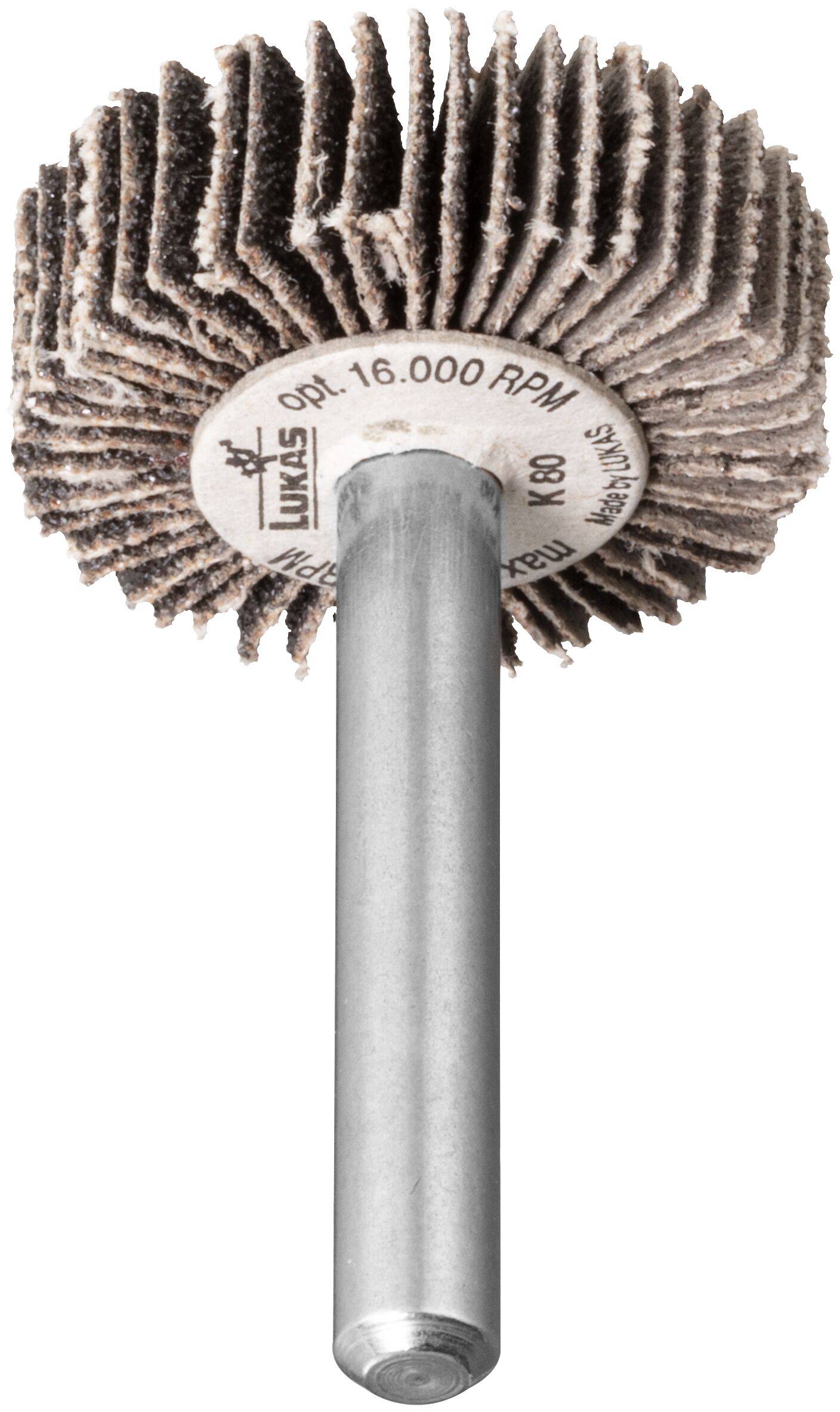 Zamontowane koło lamelkowe z przyczepionym narzędziem ściernym na metalowym pręcie, oznaczone jako '16 000 obr./min' do polerowania lub szlifowania powierzchni.