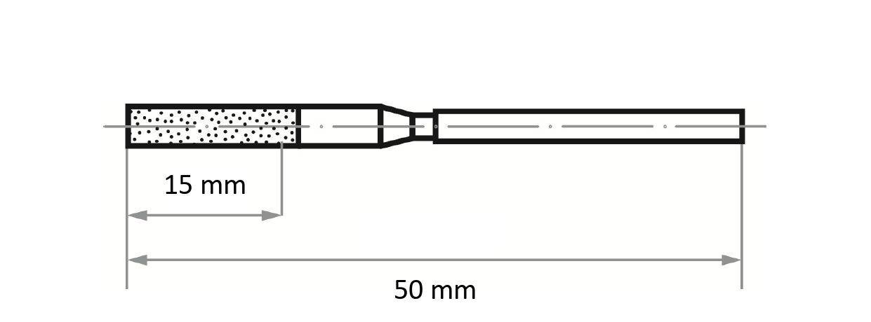 Rysunek cylindrycznego przedmiotu o długości 50 mm z teksturowaną sekcją o szerokości 15 mm po lewej stronie.