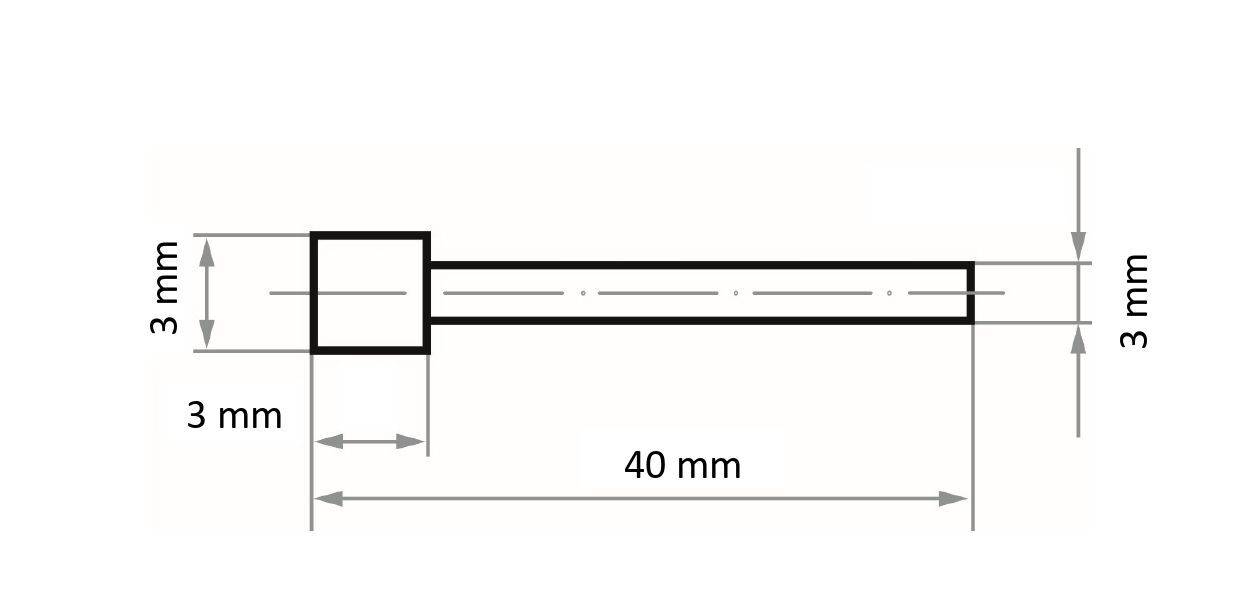 Rysunek techniczny cylindrycznego pręta o kwadratowej podstawie. Pręt ma długość 40 mm i średnicę 3 mm. Podstawa ma 3 mm na każdym boku.