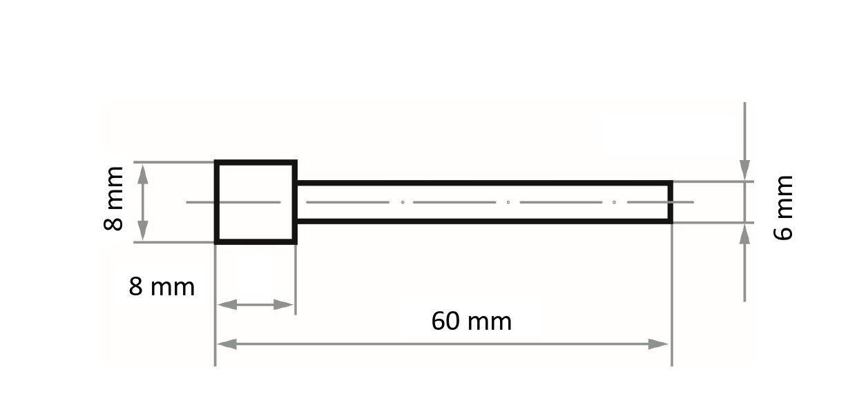 Rysunek techniczny śruby o wymiarach: głowica kwadratowa 8x8 mm, długość trzpienia 60 mm, średnica trzpienia 6 mm.