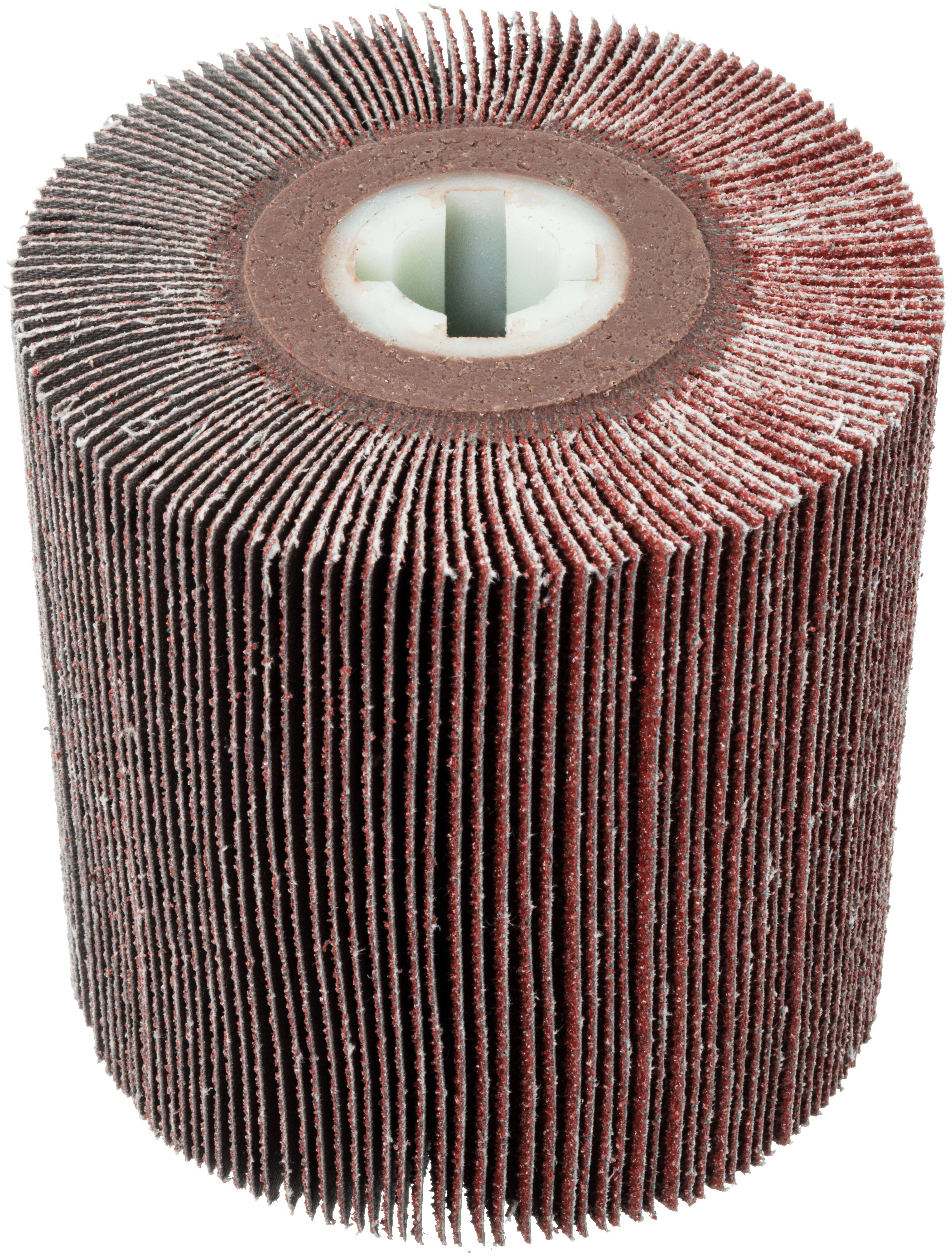 Cylindryczny, lamelkowy dysk ścierny z centralnym otworem mocującym, stosowany do wykańczania i polerowania powierzchni metalowych.