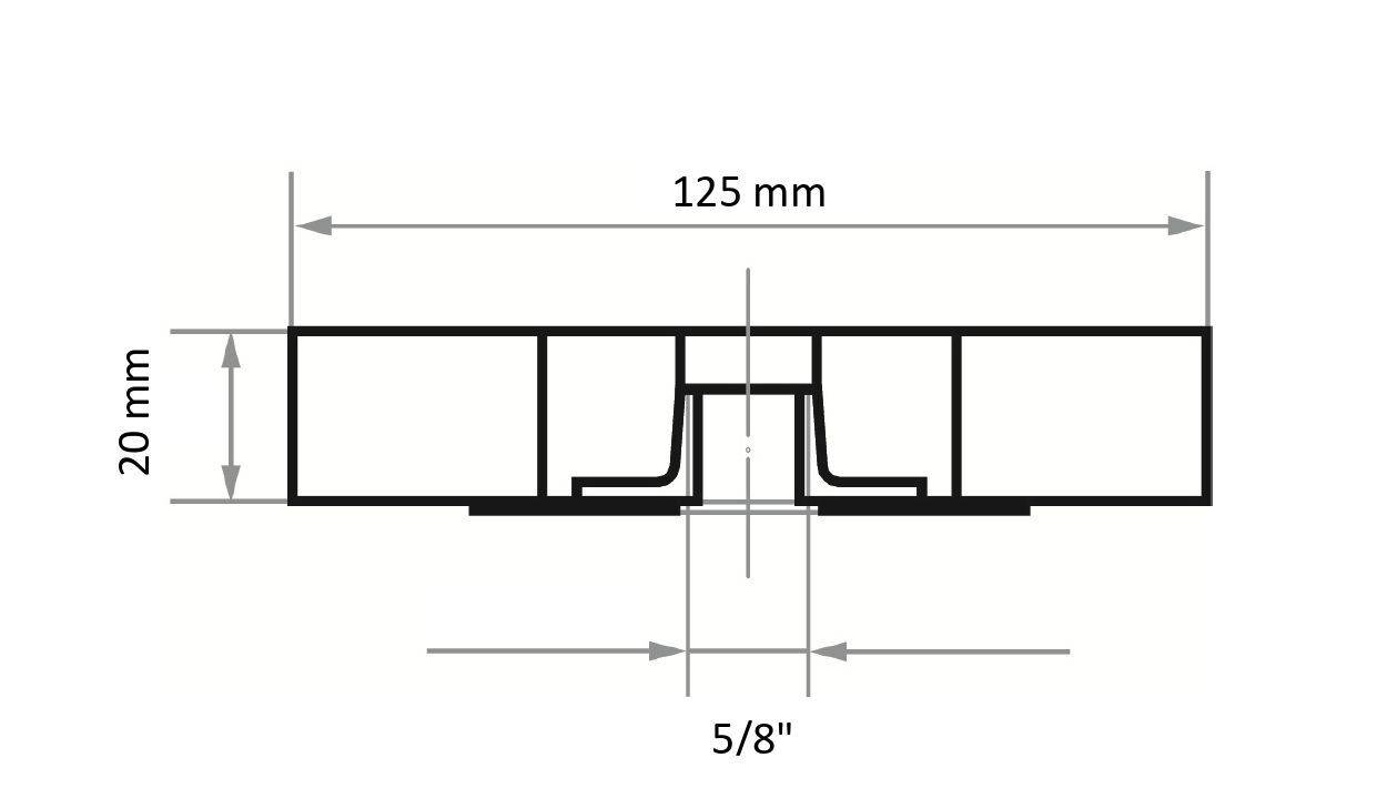 Poprzeczny diagram przekroju obiektu z wymiarami: szerokość 125 mm, wysokość 20 mm, oraz zaznaczonym środkowym przekrojem o długości 5/8 cala.