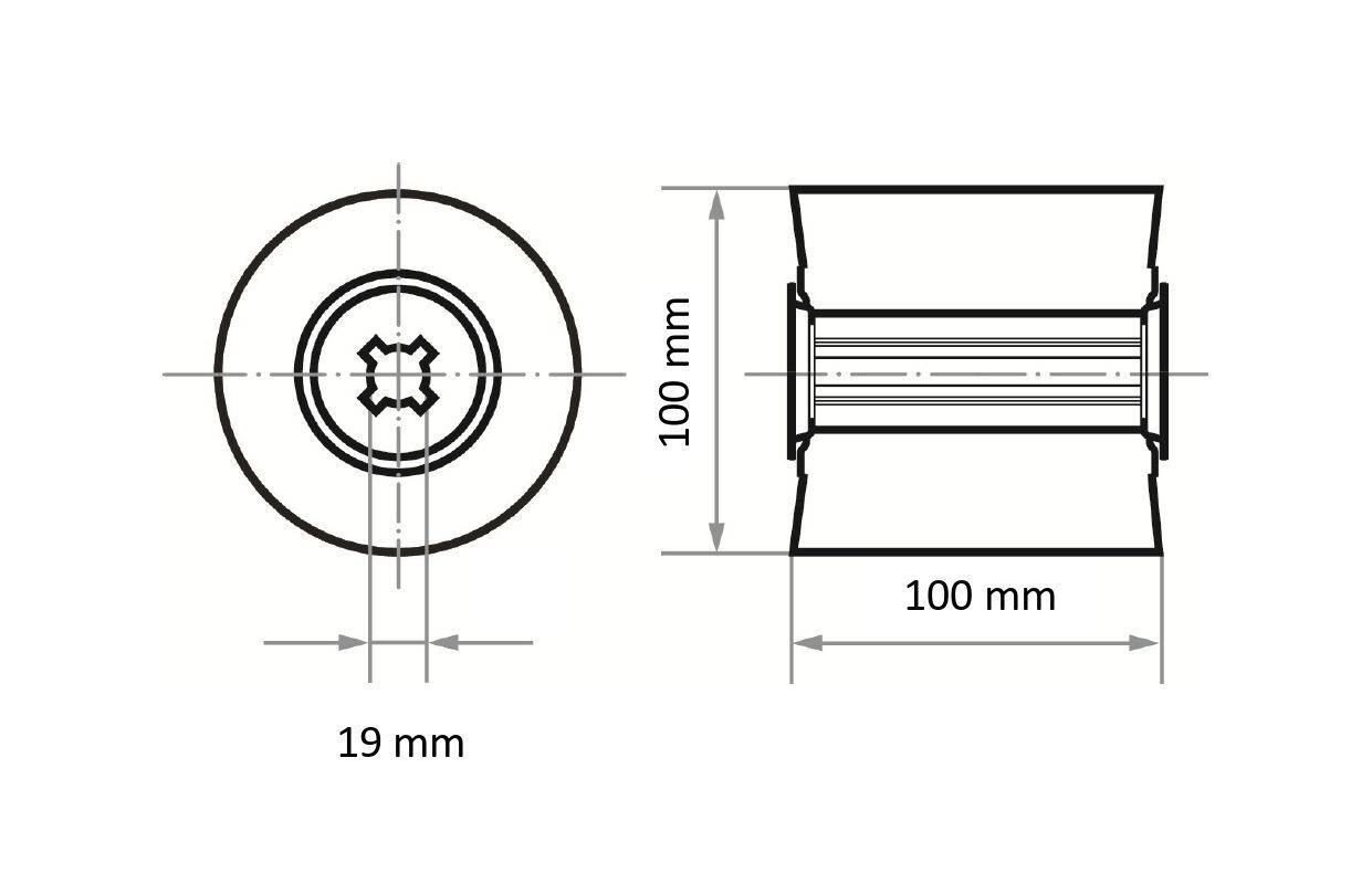 Rysunek techniczny części mechanicznej, widok z przodu i z boku. Wymiary: 19 mm średnicy, 100 mm wysokości i szerokości.
