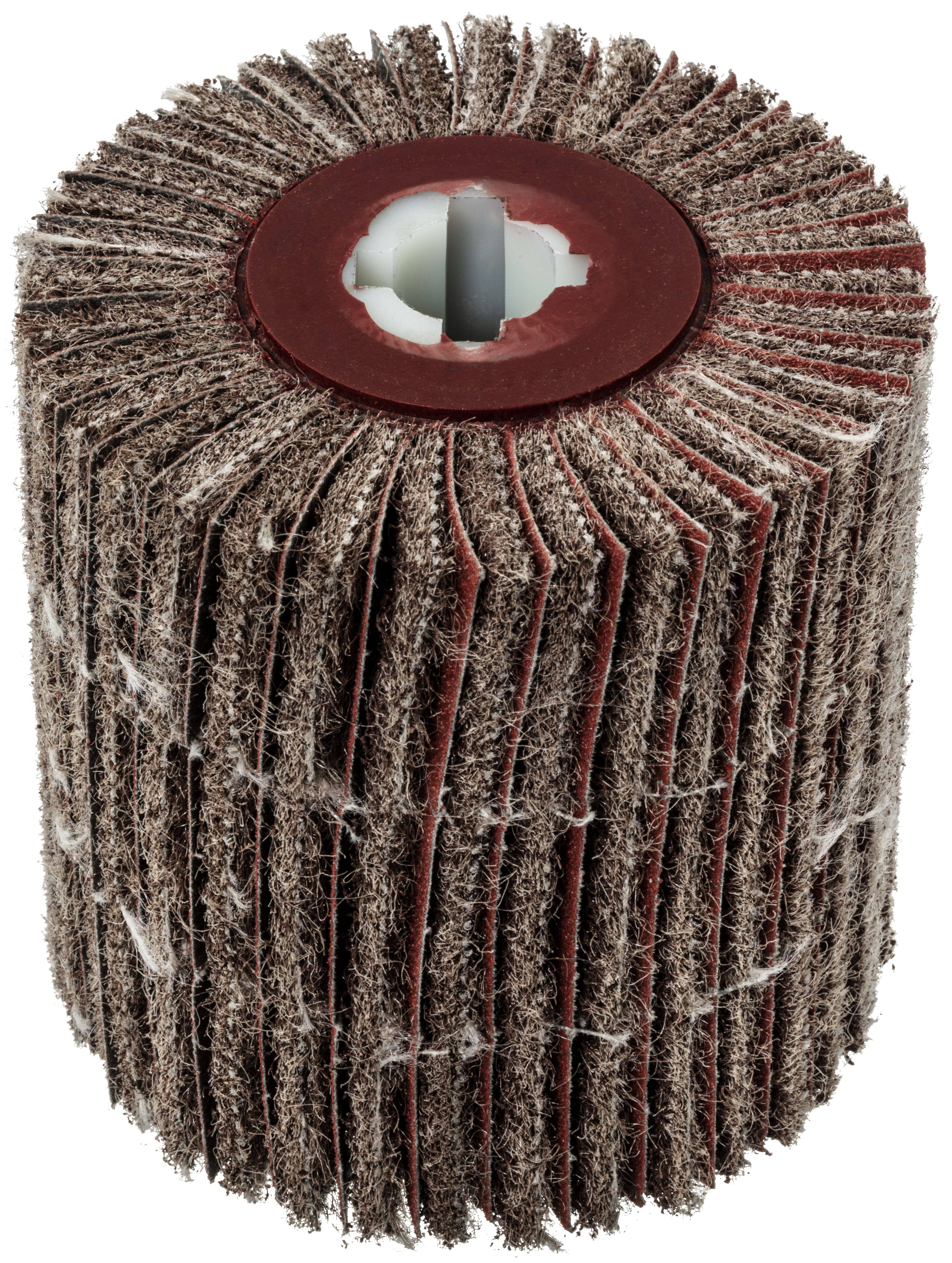 Cylindryczna tarcza szlifierska z promieniście rozłożonymi elastycznymi paskami ściernymi, przeznaczona do wygładzania i kształtowania powierzchni, szczególnie drewna i metalu.