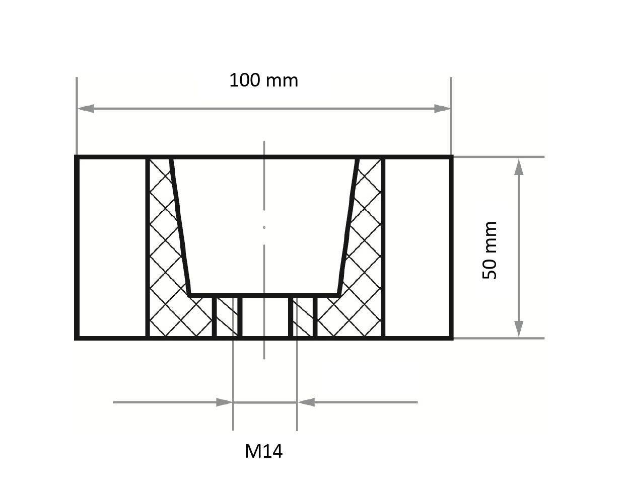 Rysunek techniczny adaptera z przekrojem poprzecznym, o wymiarach: 100 mm szerokości, 50 mm wysokości, z oznaczeniem M14 na centralnym otworze.