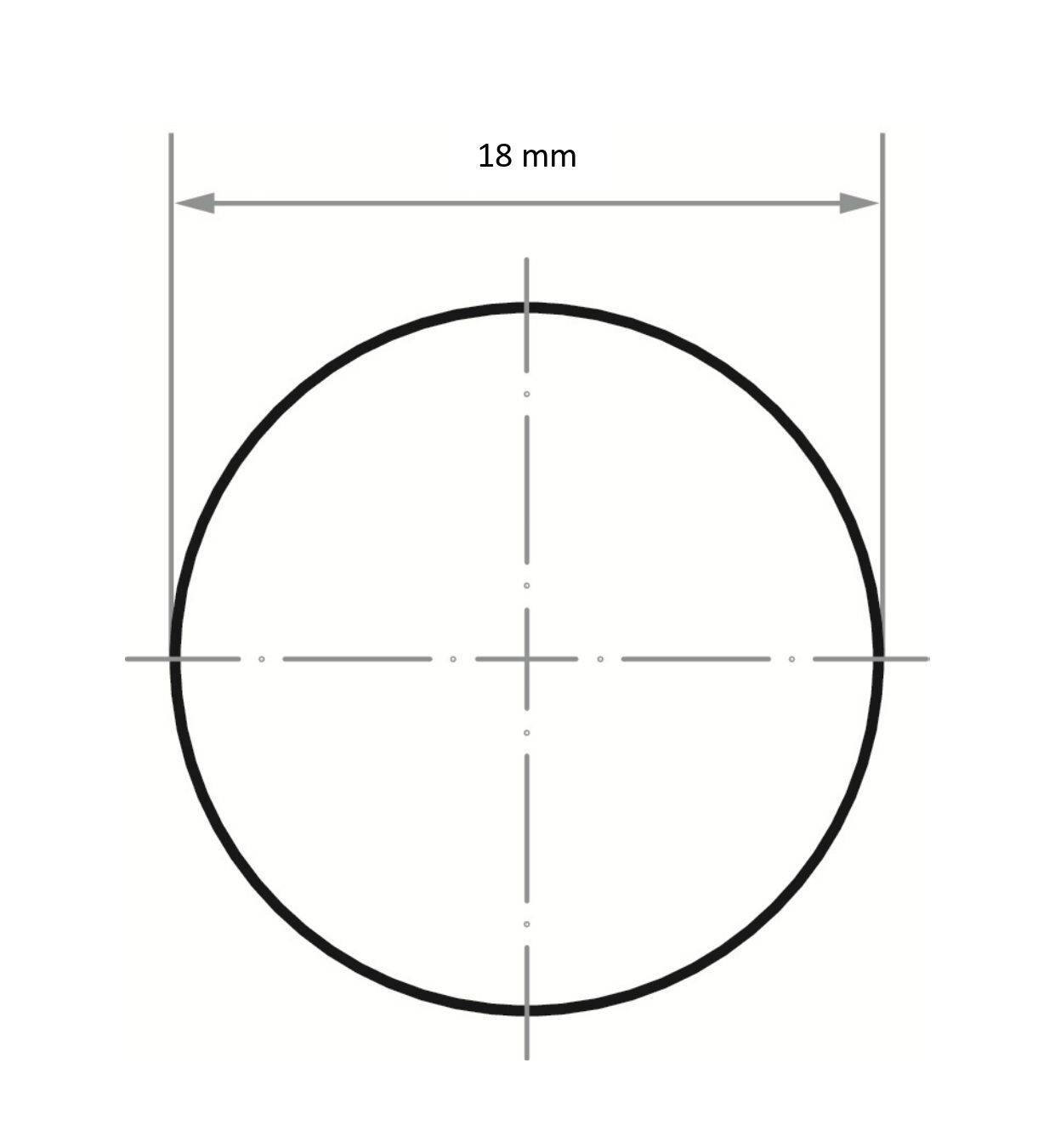 Czarny okrąg o średnicy 18 mm, wyśrodkowany w diagramie krzyżykowym, wskazujący na precyzyjny pomiar.