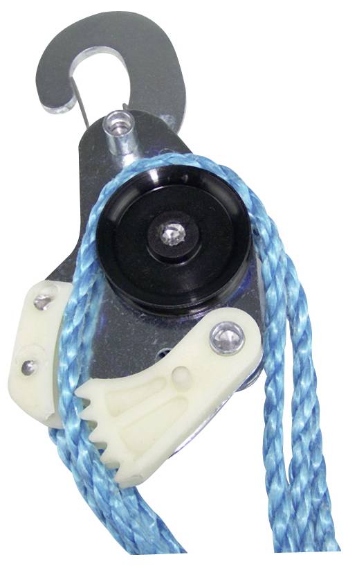 System blokowy z metalowym hakiem i niebieską liną, wyposażony w czarne koło i białą przekładnię mechaniczną, stosowany do podnoszenia przedmiotów.