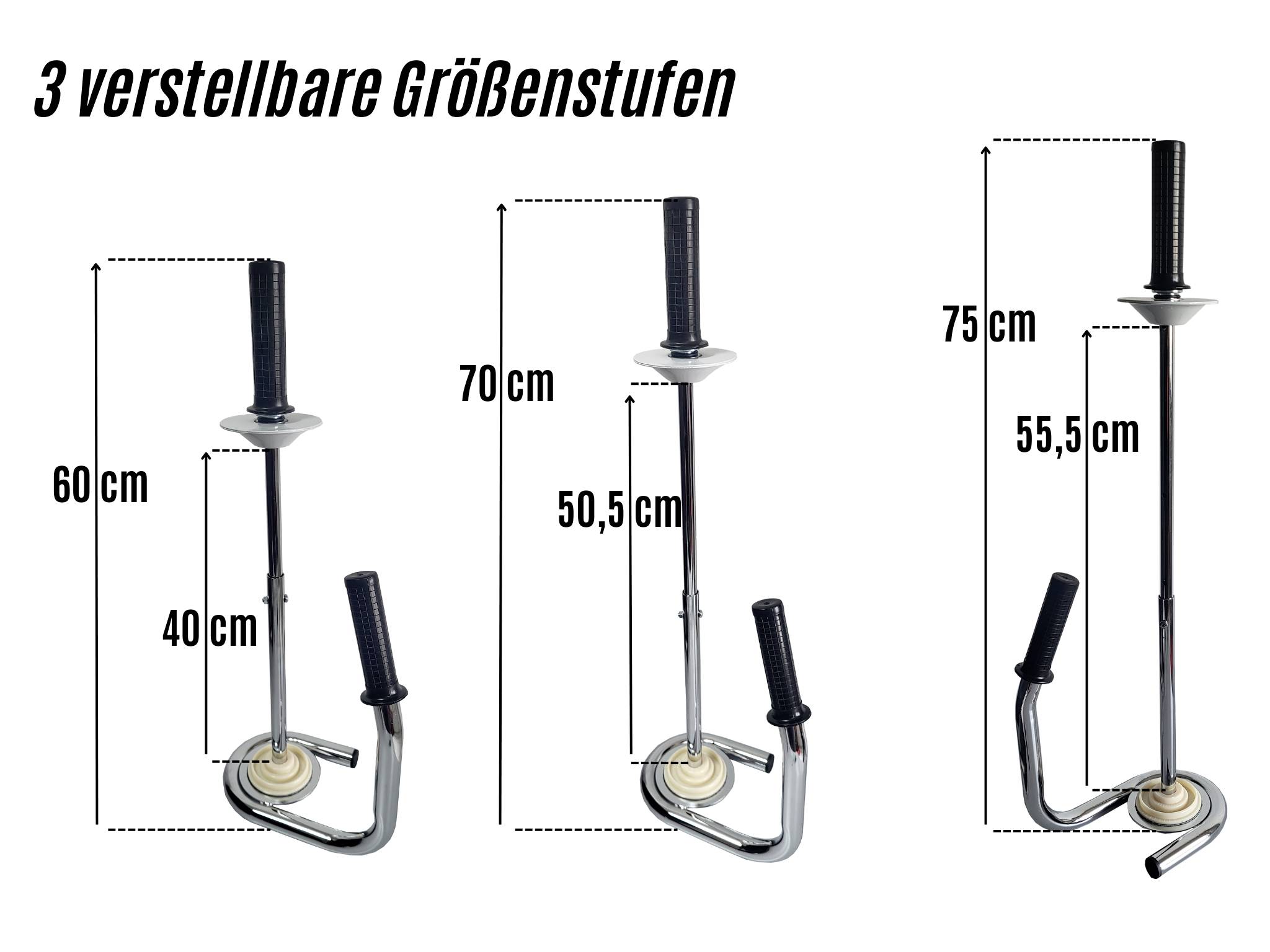 'Trzy regulowane poziomy wielkości: 40 cm do 60 cm, 50,5 cm do 70 cm, 55,5 cm do 75 cm; stojak z uchwytem i regulowaną wysokością.'