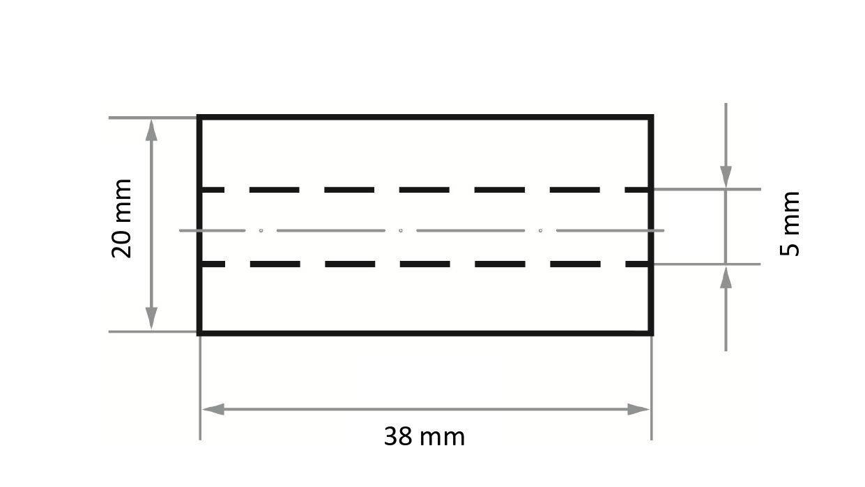 Prostokąt oznaczony '38 mm' w poziomie i '20 mm' w pionie, z przerywaną linią wewnątrz, rozłożoną co 5 mm, oznaczającą centralne wyrównanie.