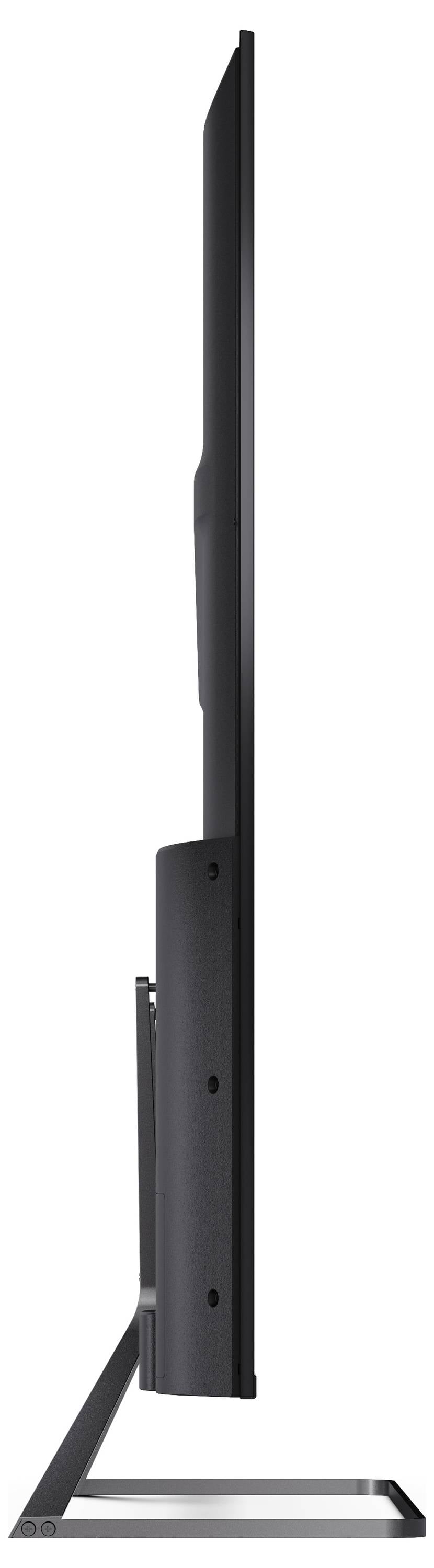 Widok z boku telewizora płaskiego na podstawce, prezentujący jego smukłą sylwetkę.