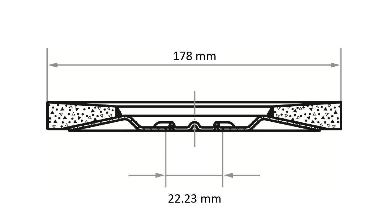 Przekrój poprzeczny przedstawia płaski obiekt o szerokości 178 mm, z sekcją centralną o wymiarze 22,23 mm, otoczoną materiałem o teksturowanej powierzchni.