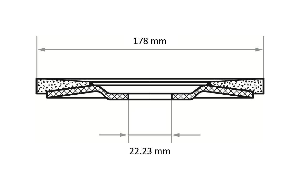 Przekrój poprzeczny struktury o całkowitej szerokości 178 mm z węższą sekcją o wymiarze 22,23 mm, przedstawiający warstwy i wymiary.