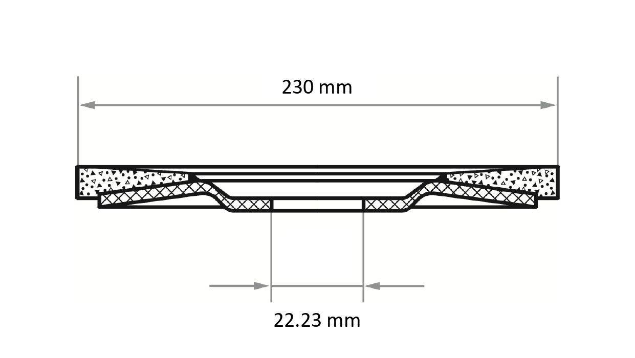 Przekrój poprzeczny obiektu z wymiarami: szerokość 230 mm i grubość centralna 22,23 mm.