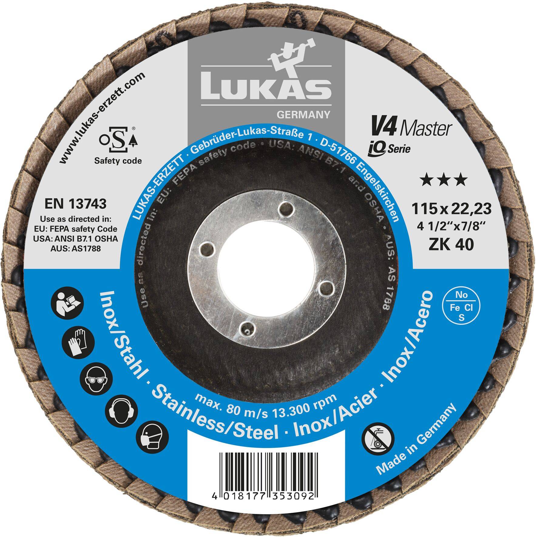 Tarcza ścierna stalowa 'V4 Master' firmy Lukas przeznaczona do obróbki stali nierdzewnej. Wymiary 115x22,23 mm, maksymalna prędkość obrotowa 13 300 obr./min, z wyszczególnionymi kodami bezpieczeństwa.