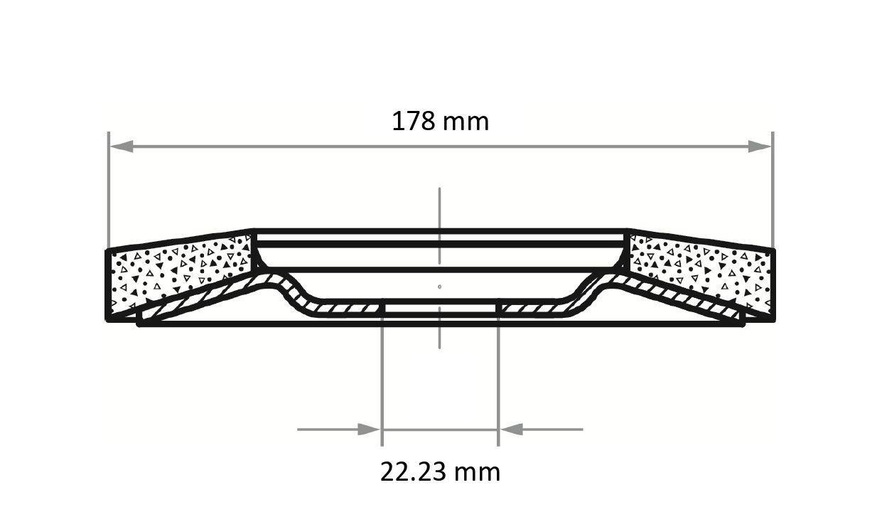 Przekrój poprzeczny drogi, oznaczony jako '178 mm' szerokości i '22,23 mm' głębokości, przedstawiający warstwy nawierzchni i jej wymiary.