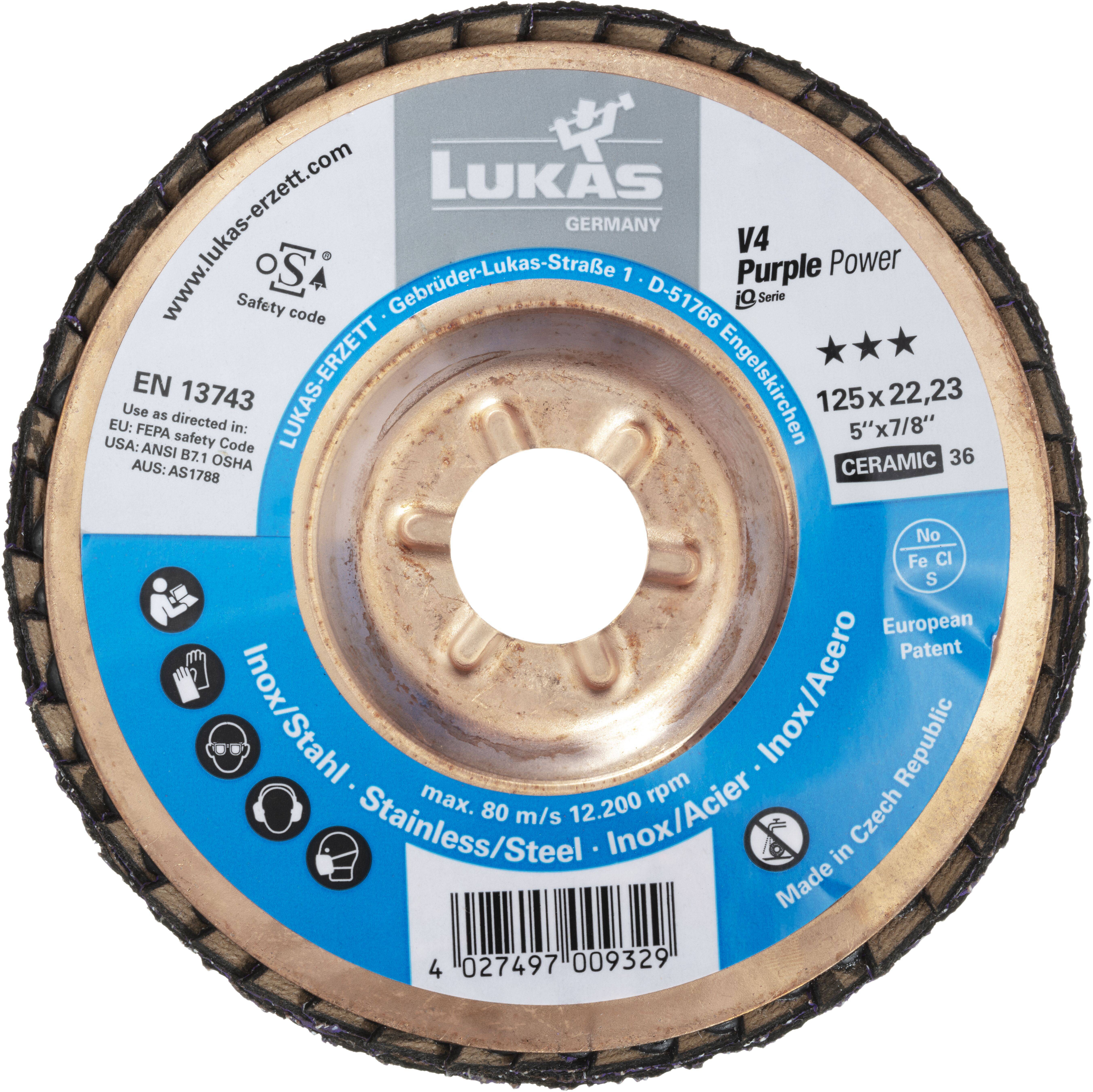 'Tarcza z napisem: LUKAS V4 Purple Power, 125 x 22,23 mm, Ceramiczna 36, do stali nierdzewnej. Wyprodukowano w Czechach.'