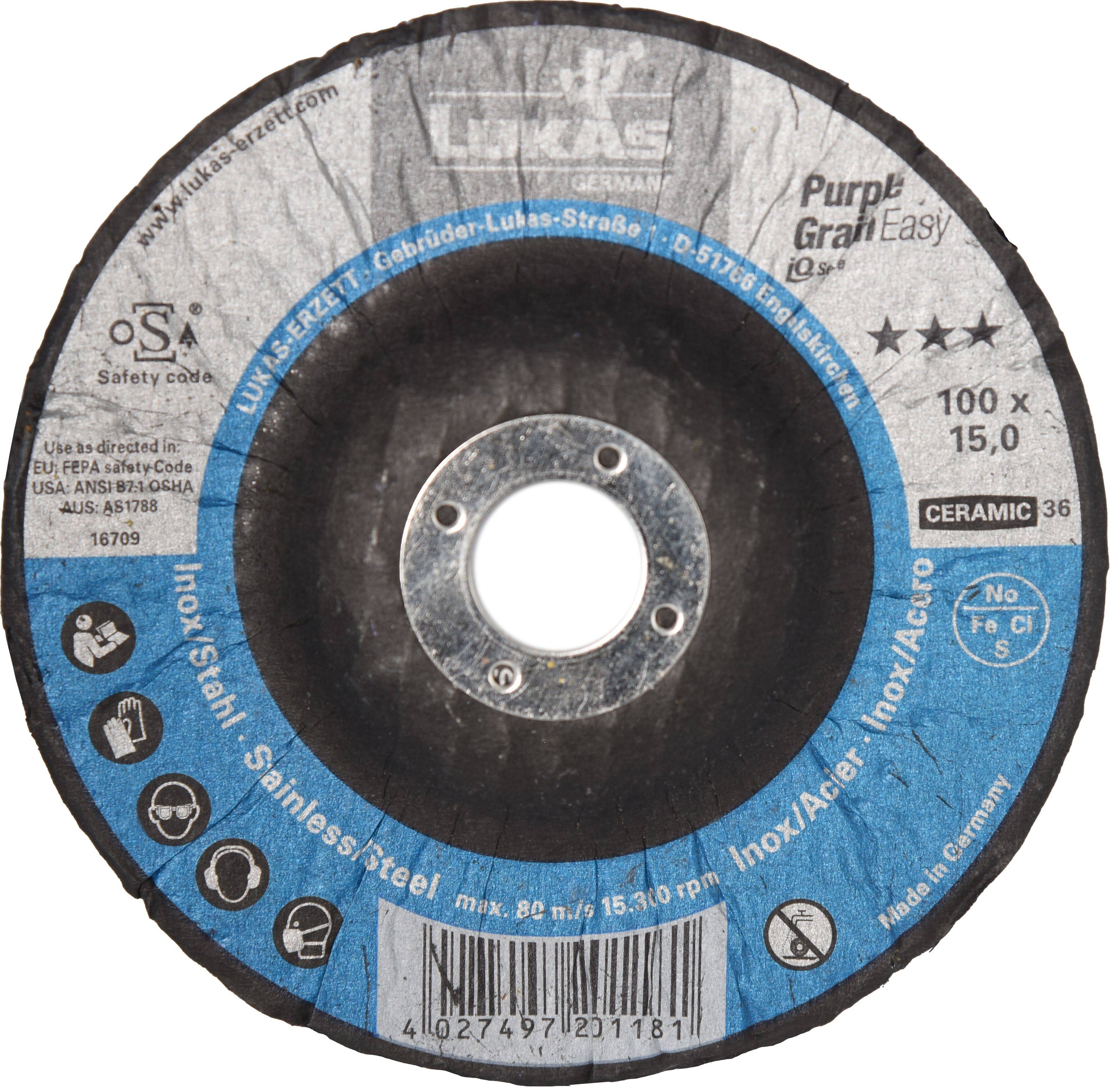 Ceramiczny tarcz tnący z metalowym środkiem, przeznaczony do stali nierdzewnej. Charakteryzuje się maksymalną prędkością 80 m/s i wymiarami 100 x 15,0.