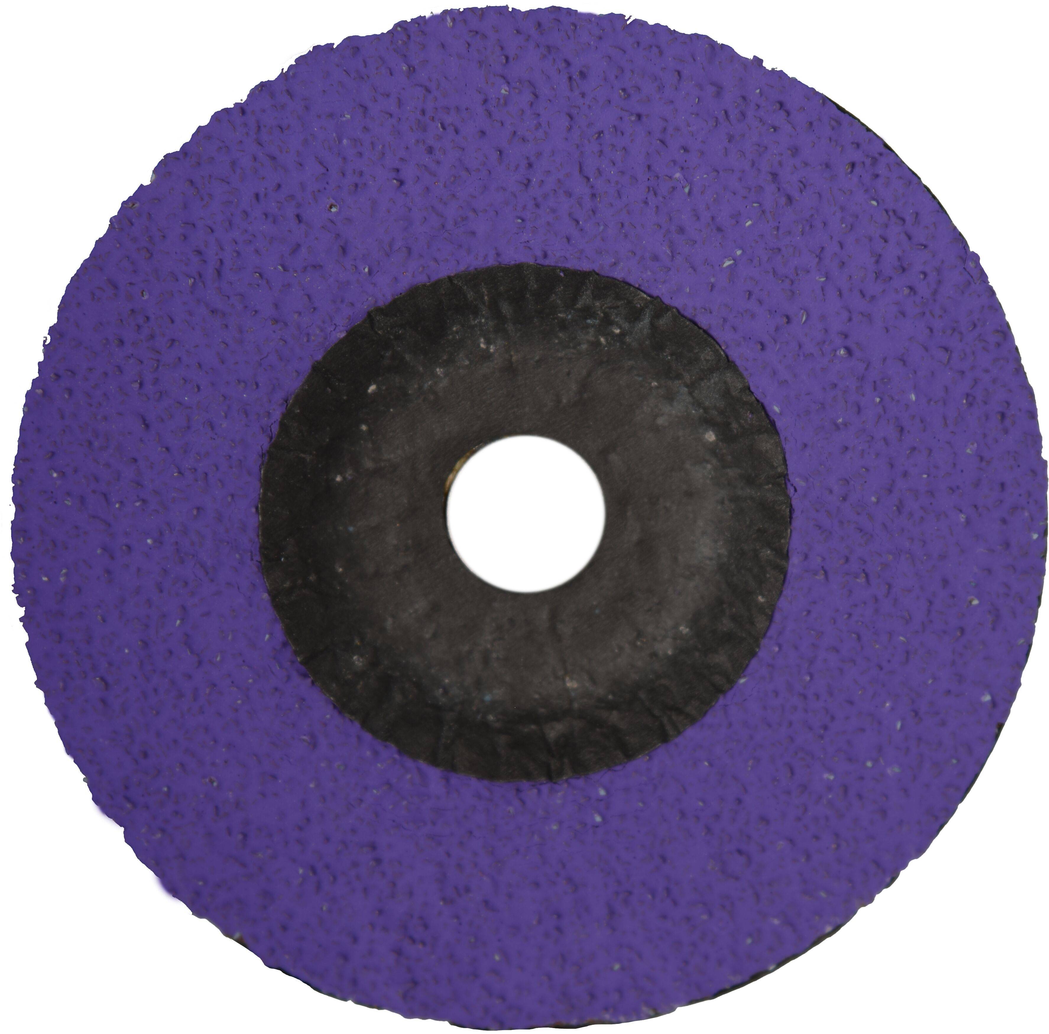 Fioletowa ściernica szlifierska z czarnym kołem pośrodku i otworem w centrum, używana do wygładzania lub cięcia powierzchni.