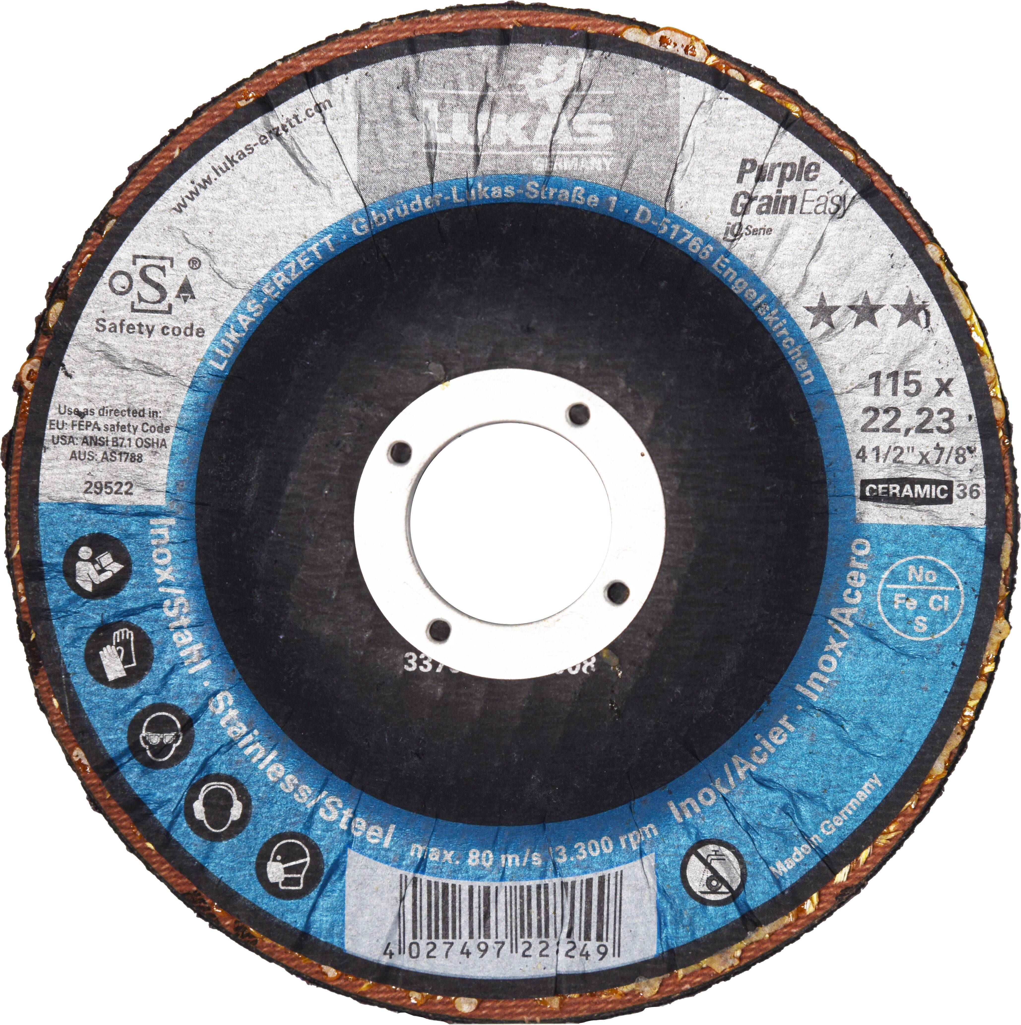 Tarcza szlifierska oznaczona 'Inox/Acier/Inox/Acero' do stali nierdzewnej, rozmiar 115 x 22,23 mm, ceramiczna 36 ziarn, maksymalna prędkość 80 m/s, 12 300 obr./min.