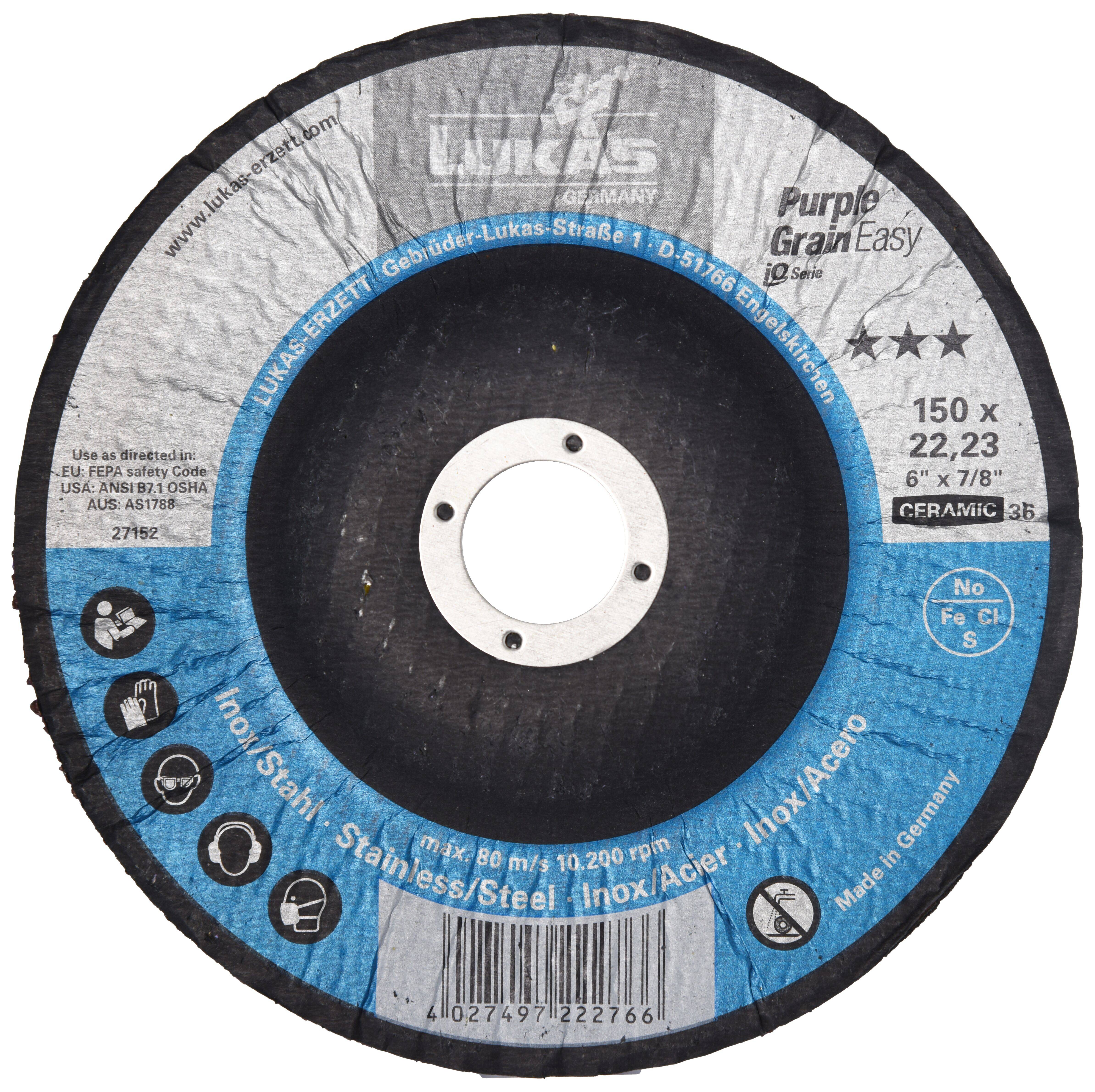 Tarcza szlifierska oznaczona napisami 'LUKAS Niemcy' i 'Purple Grain Easy'. Do stosowania na stali nierdzewnej, rozmiar 150x22,23. Maksymalne obroty 10200 obr./min.