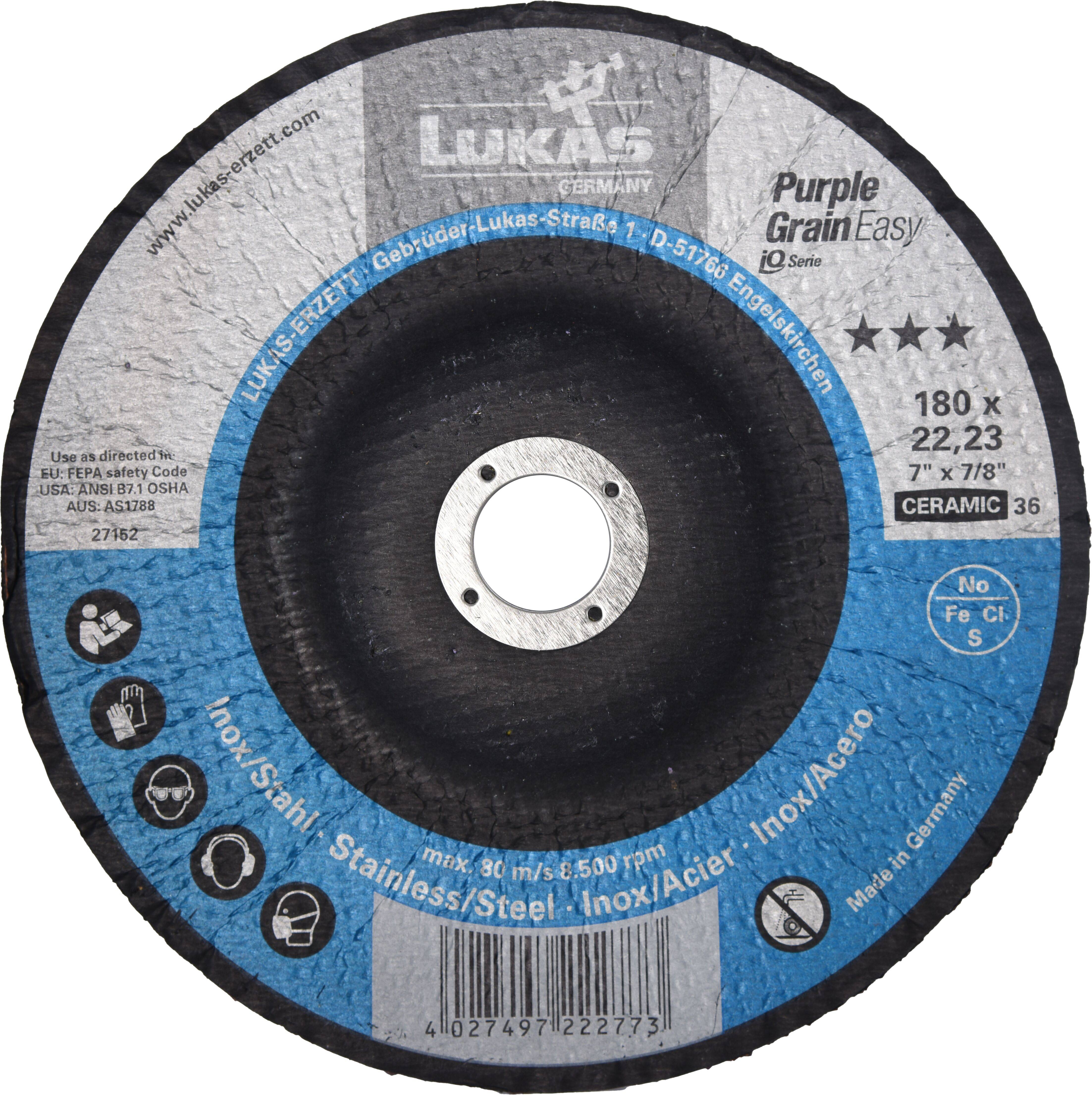 Tarcza tnąca o kształcie kołowym firmy Lukas, przeznaczona do cięcia stali nierdzewnej. Posiada wymiary 180 x 22,23 mm i charakteryzuje się technologią 'Purple Grain Easy Cut'.