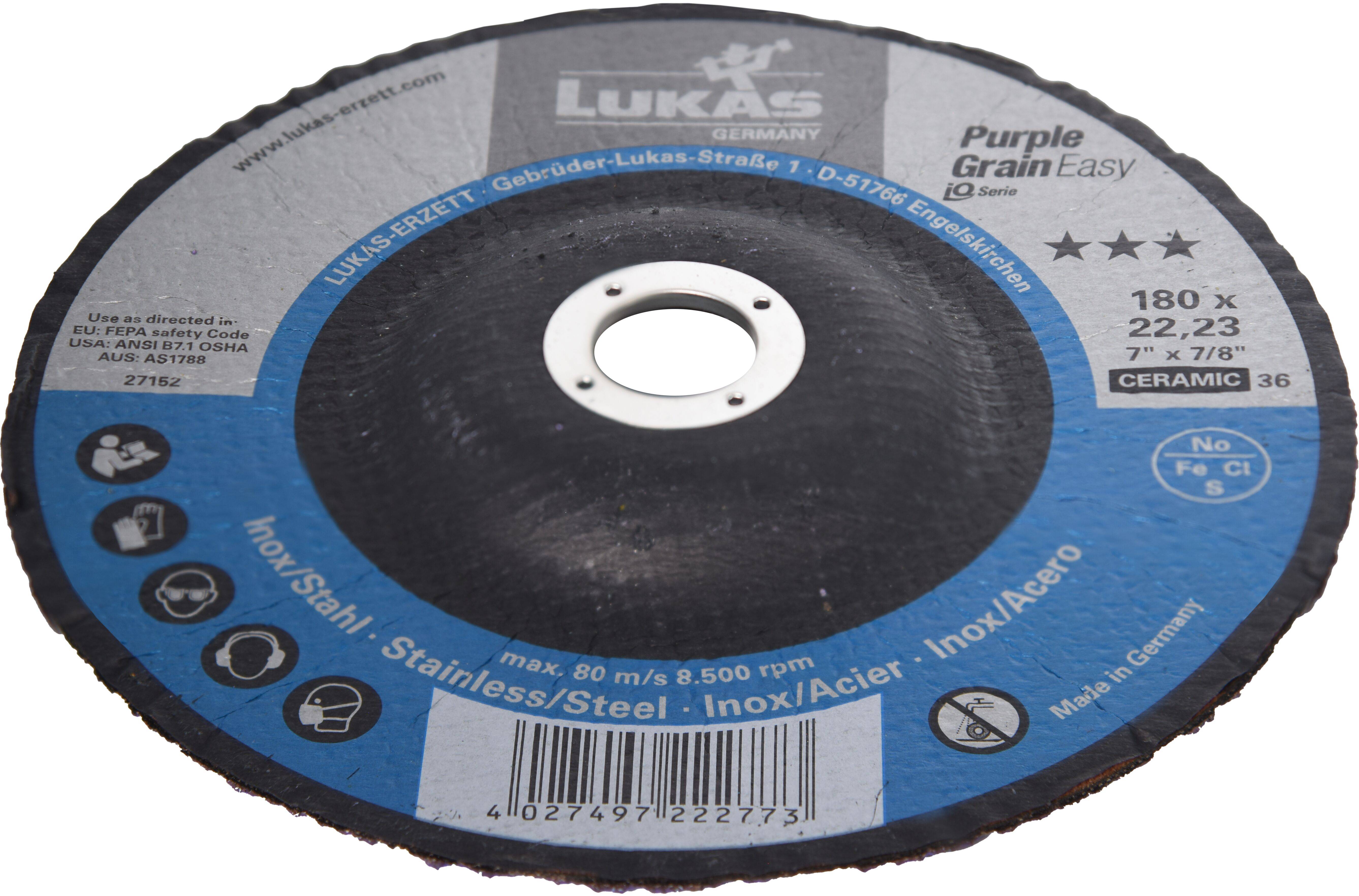 Tarcza szlifierska 'LUKAS Purple Grain Easy' do szlifowania metalu, o średnicy 180 mm, prędkości 80 m/s, przeznaczona do stali nierdzewnej; ceramiczna, ziarnistość 36.