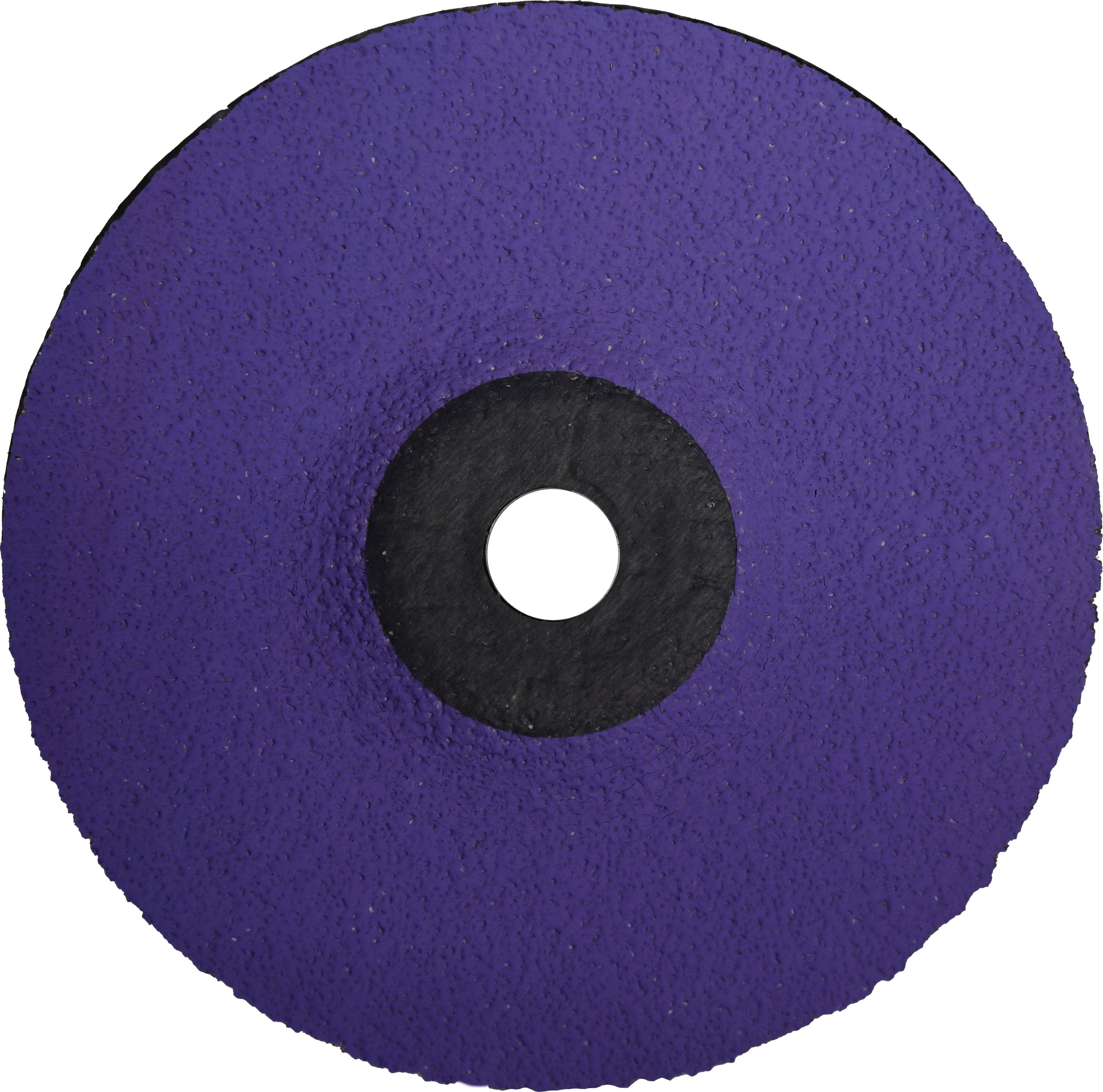 Okrągły, płaski dysk o fioletowej powierzchni i czarnym środku, przypominający tarczę szlifierską lub ściernicę.