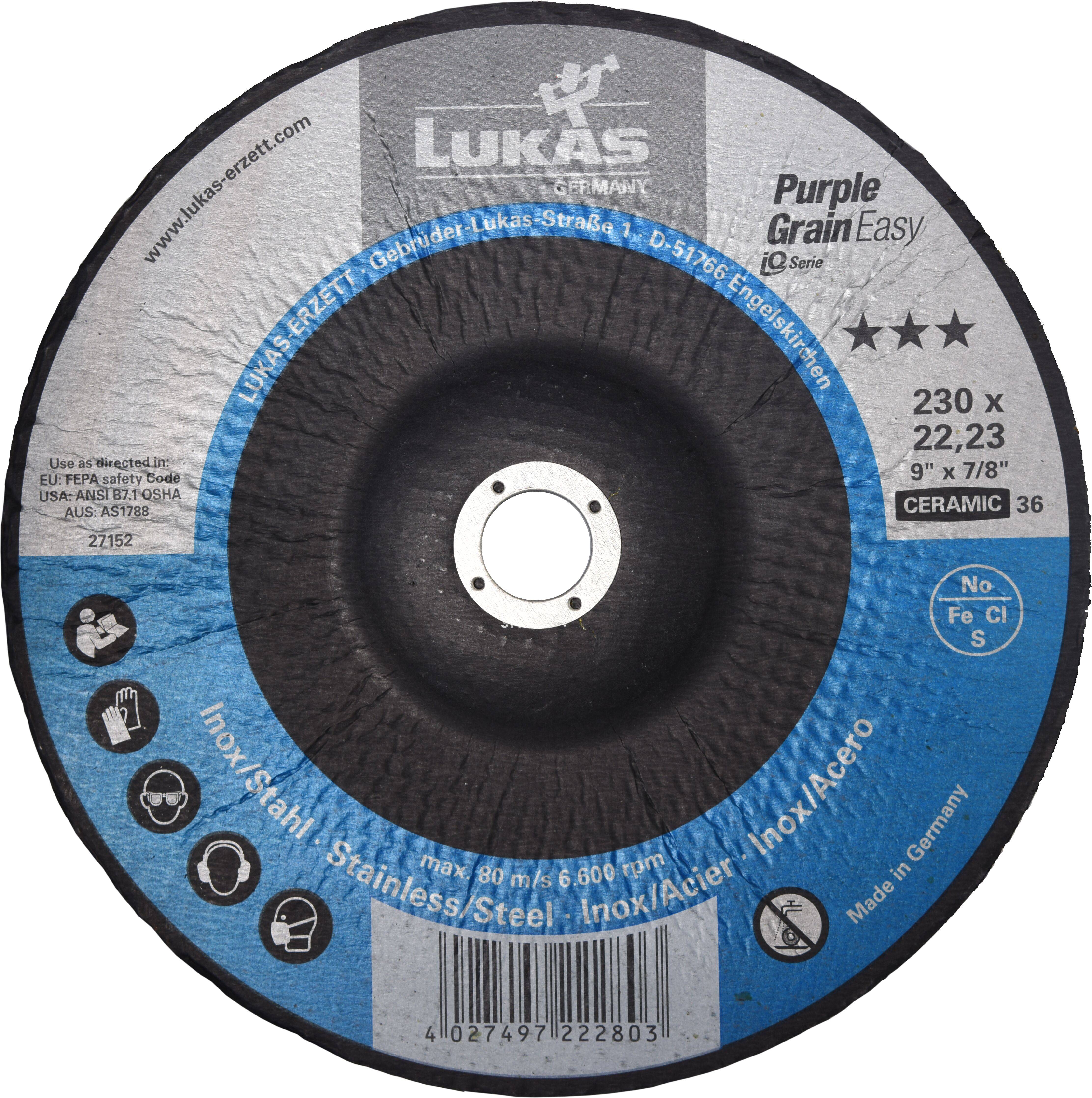 Tarcza szlifierska oznaczona 'Lukas Germany', przeznaczona do stali nierdzewnej, średnica 230 mm, maksymalnie 6600 obr./min, ziarnistość ceramiczna, wyprodukowana w Niemczech.